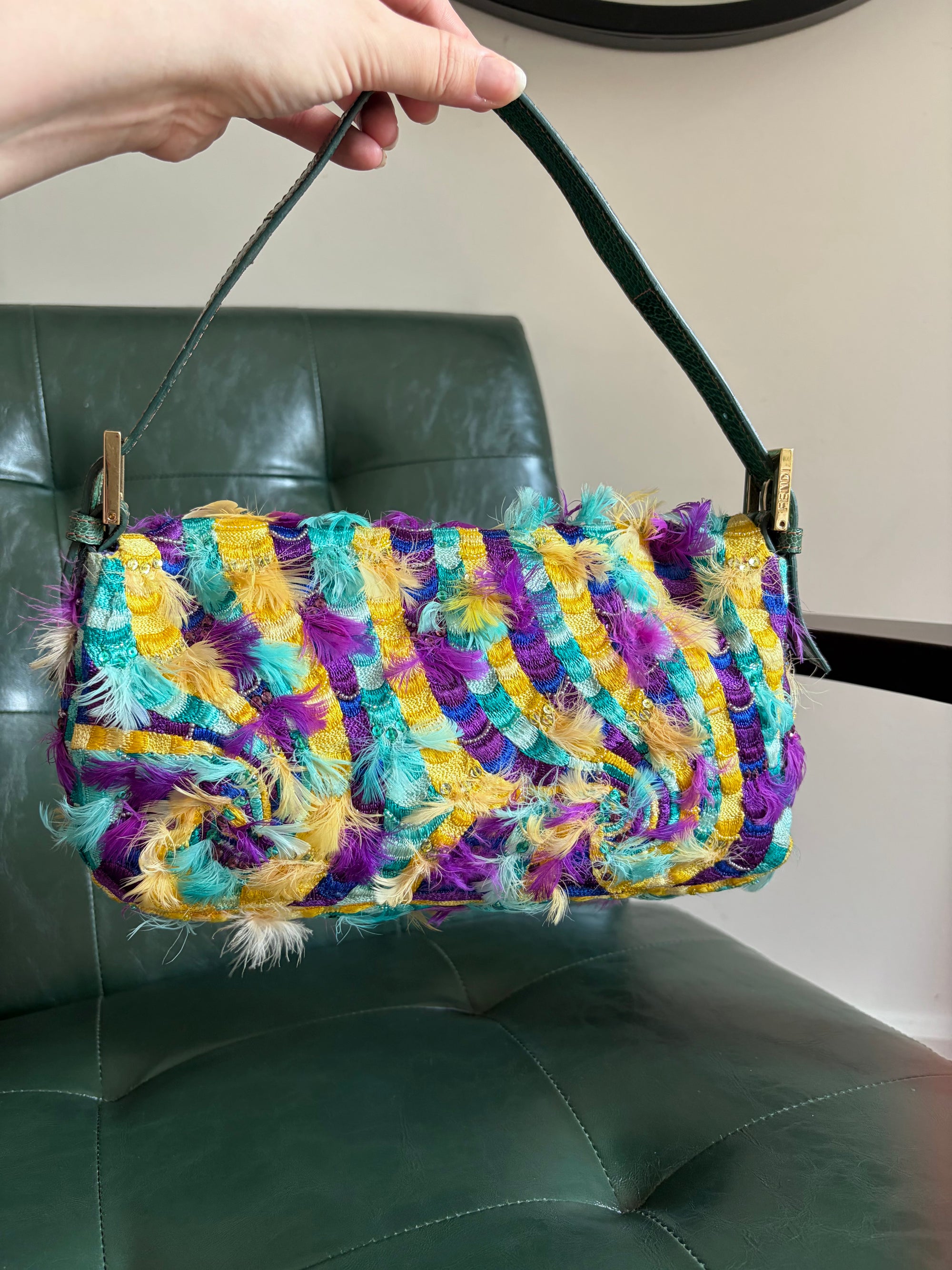 Ultra rare! Fendi ‘Willy Wonka’ embroidered fabric swirl and feather baguette bag