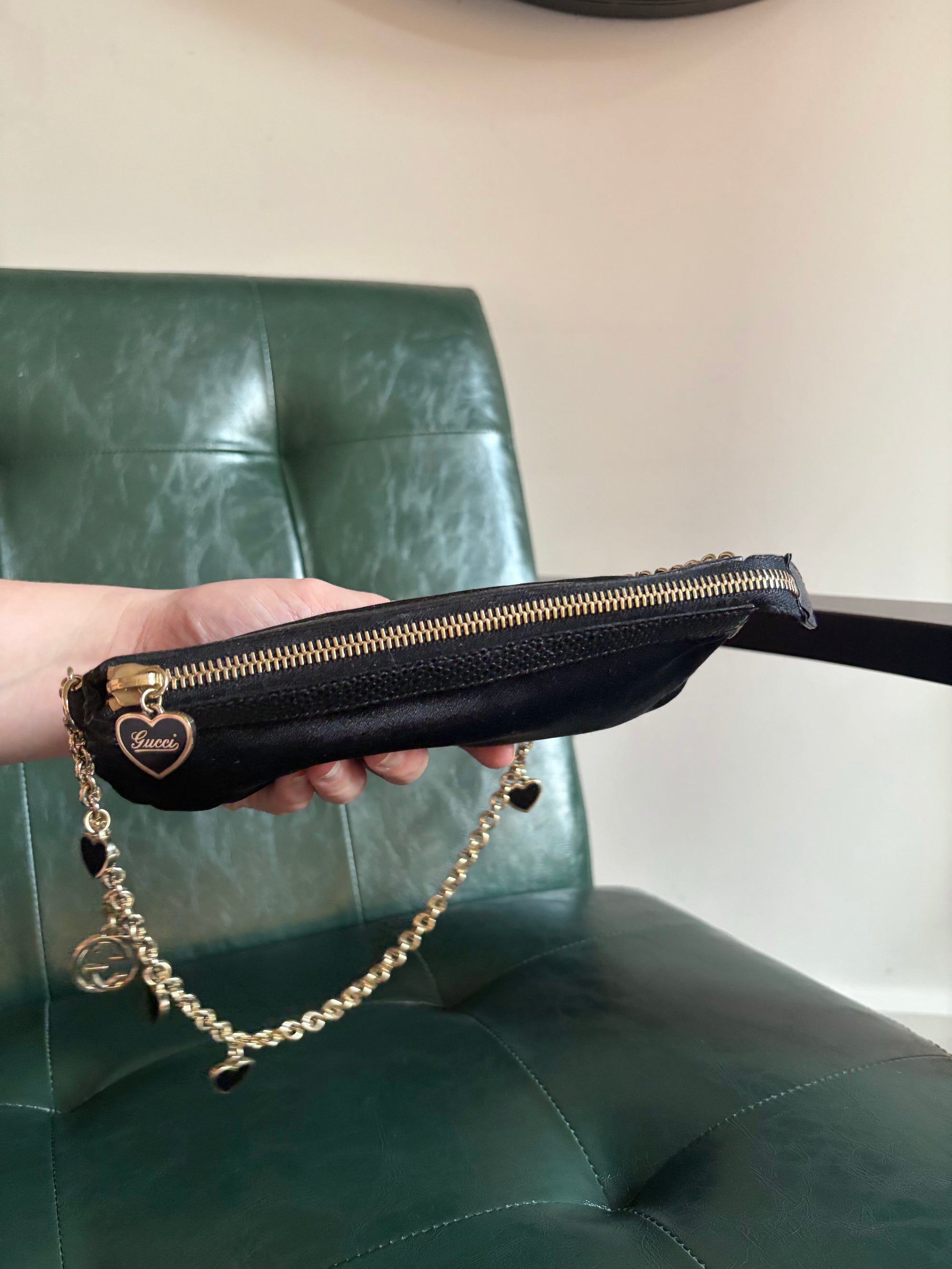 Gucci black satin heart chain pochette with exotic lizard trim