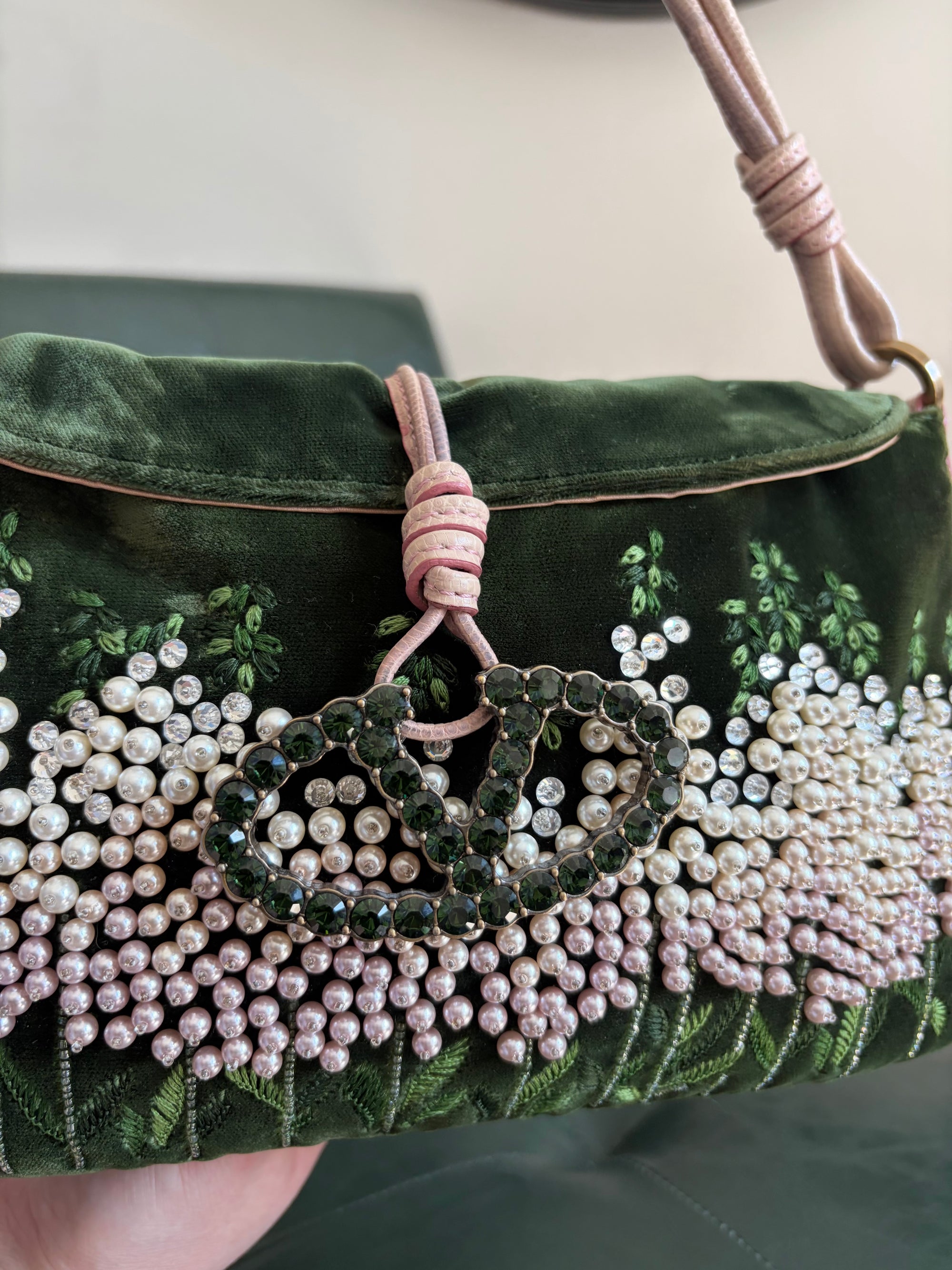 Valentino Garavani green velvet crystal embroidered shoulder bag