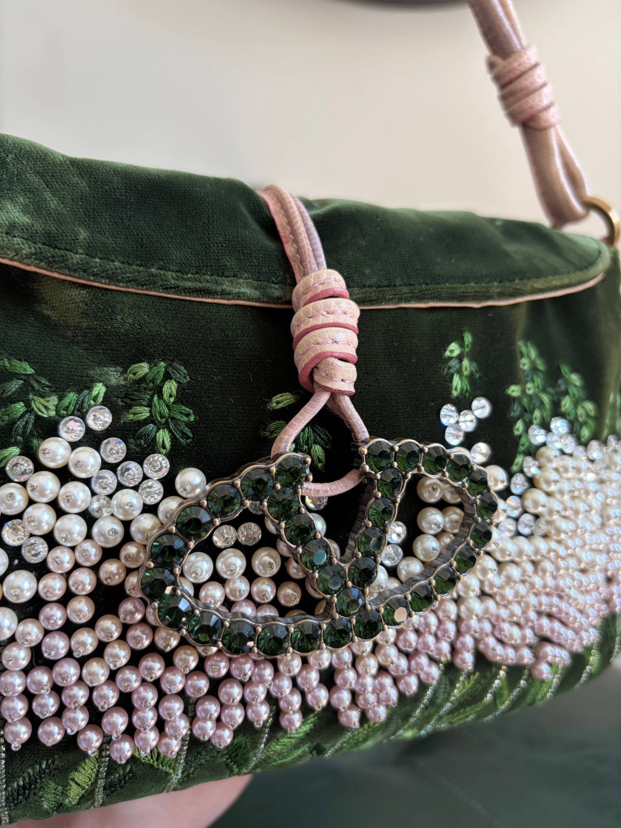Valentino Garavani green velvet crystal embroidered shoulder bag