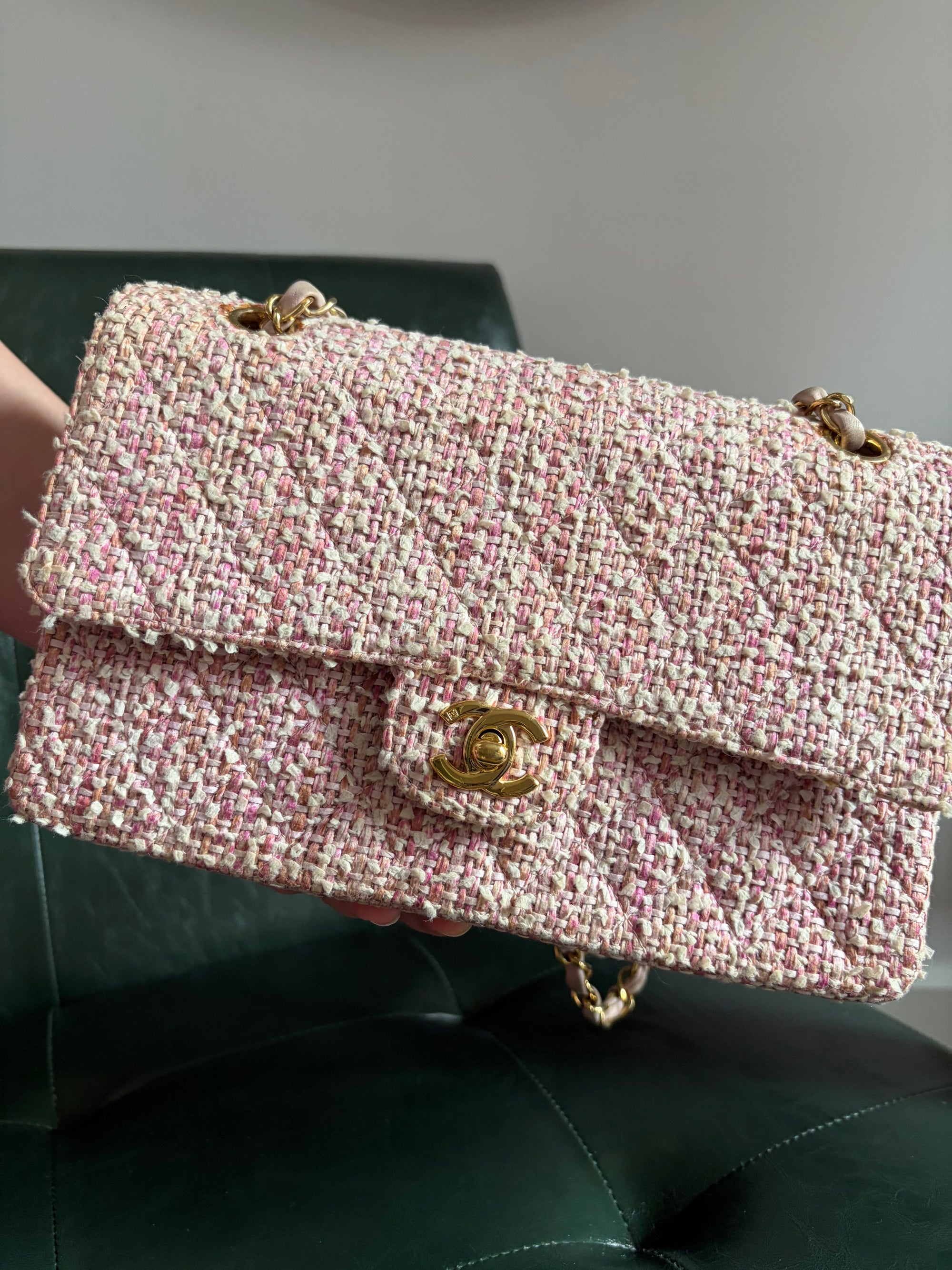 Chanel Vintage Pink and White Tweed Medium Classic Flap with 24ct Gold Hardware