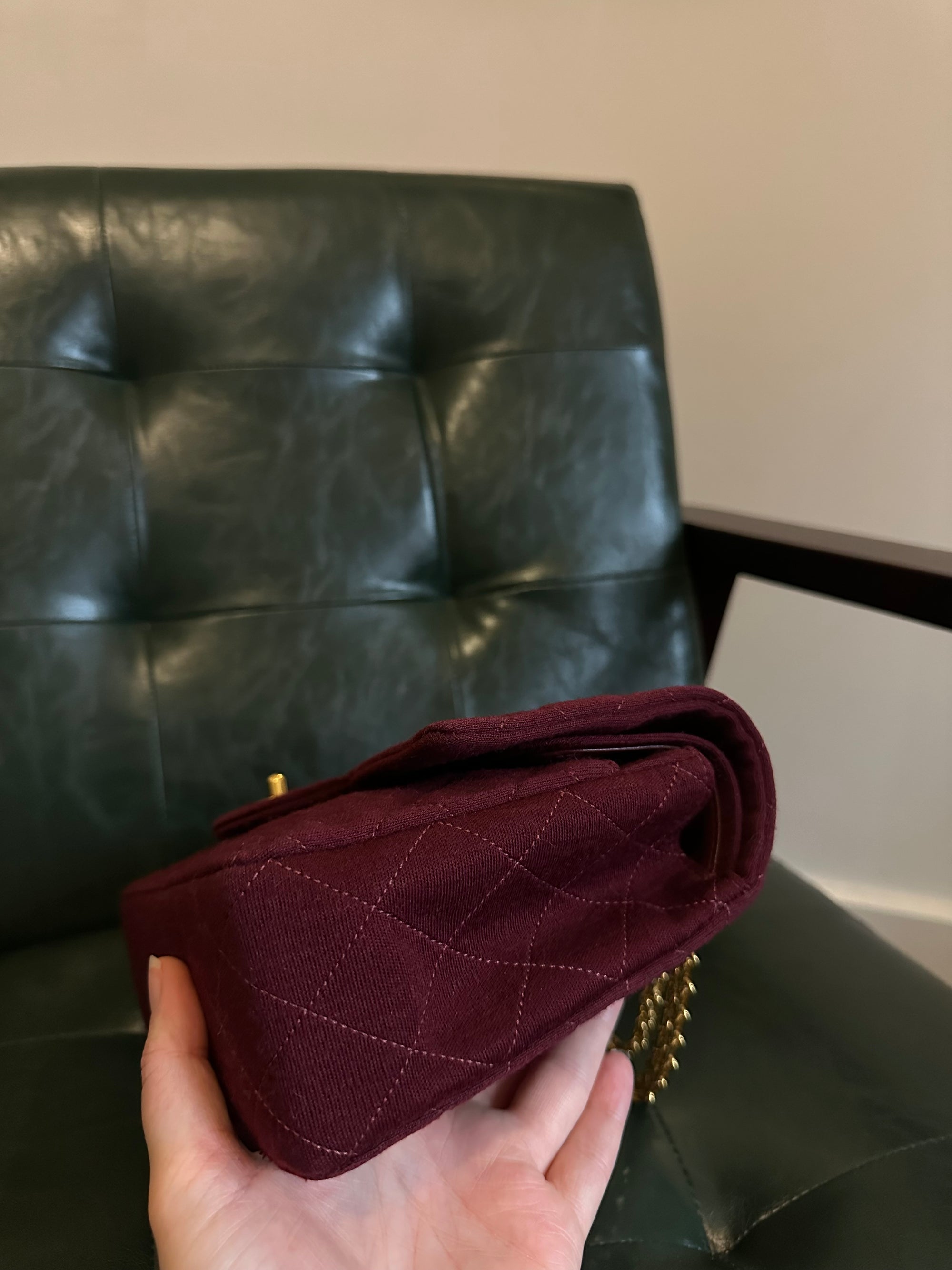 Rare! Chanel medium burgundy jersey double flap bag