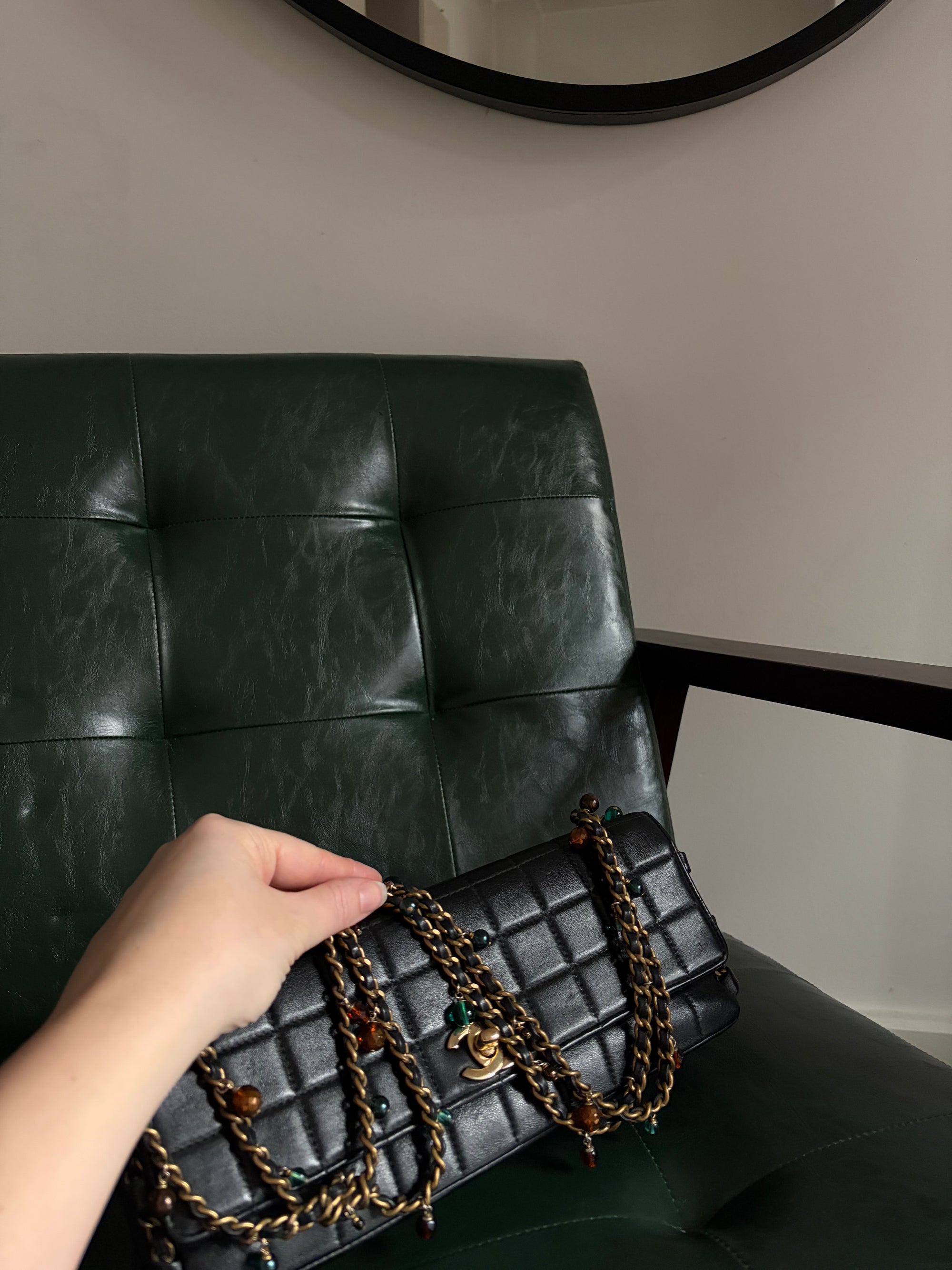 Rare! Chanel black lambskin chocolate bar east west bag with embellished chain