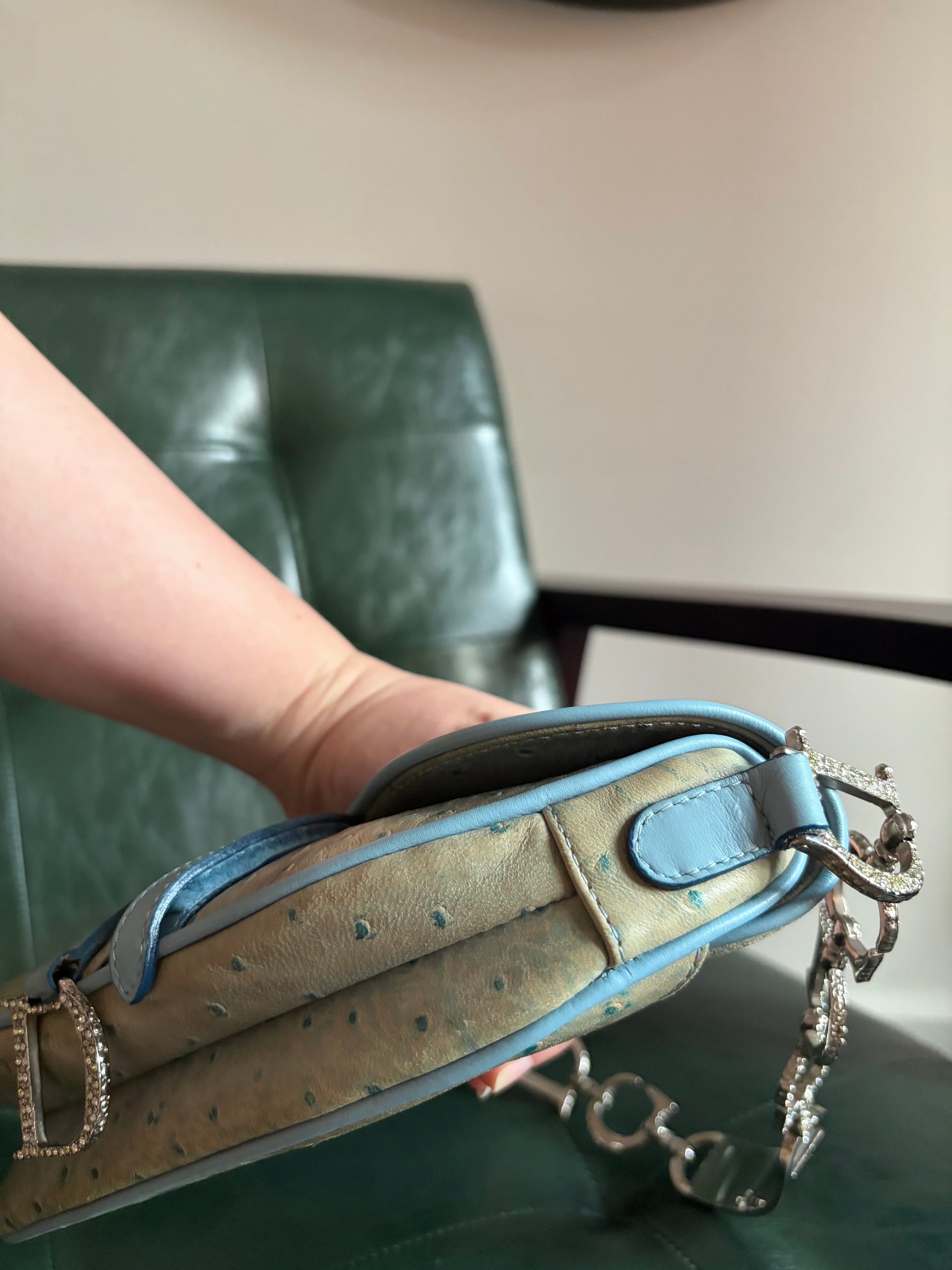 Rare! Vintage Dior blue ostrich embossed leather mini saddle bag with rhinestone strap