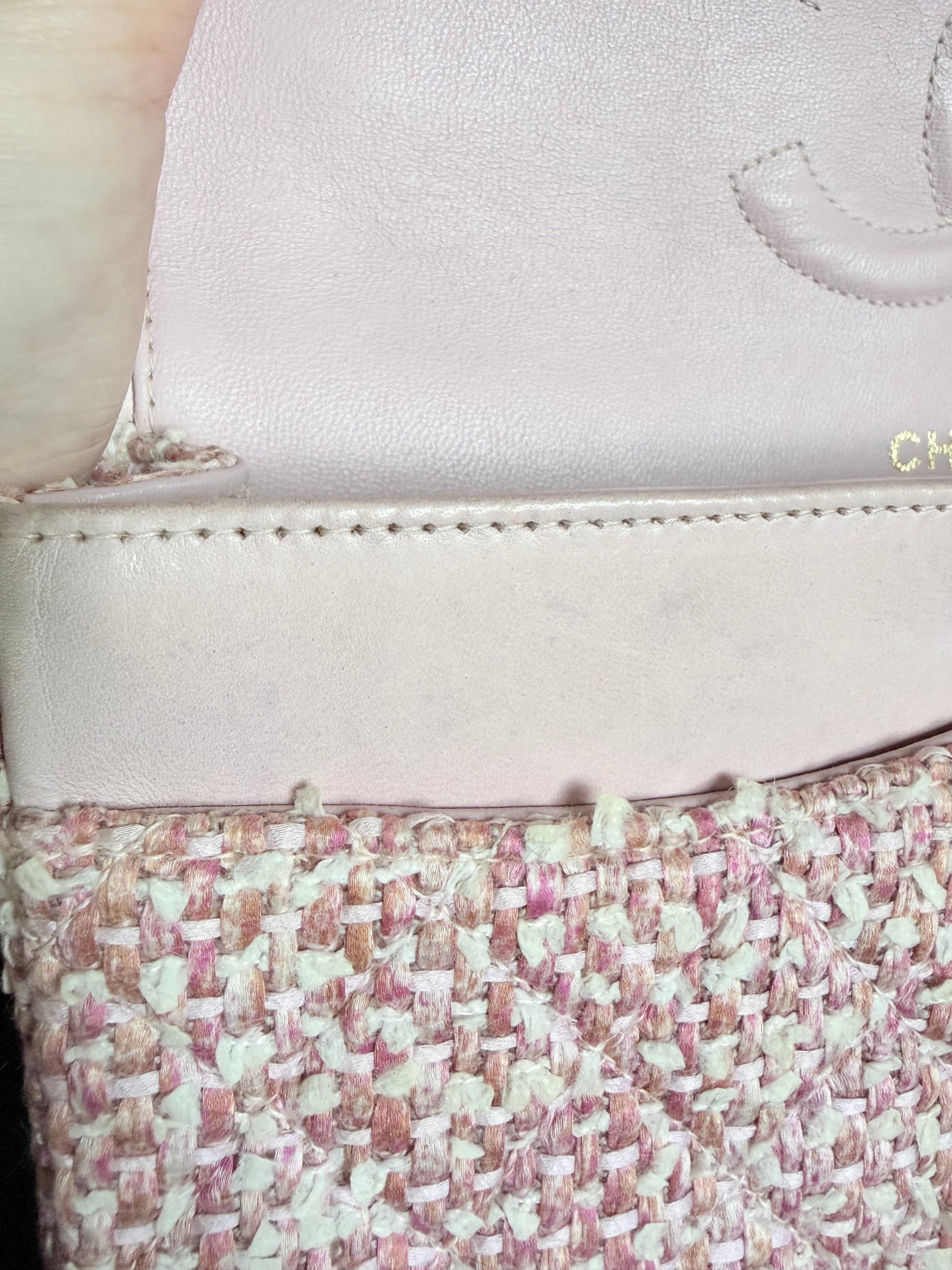 Chanel Vintage Pink and White Tweed Medium Classic Flap with 24ct Gold Hardware