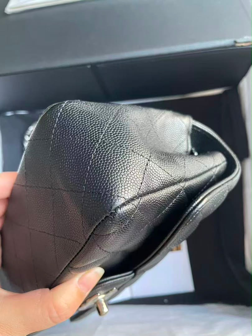 Chanel black caviar mini rectangular flap bag with silver hardware