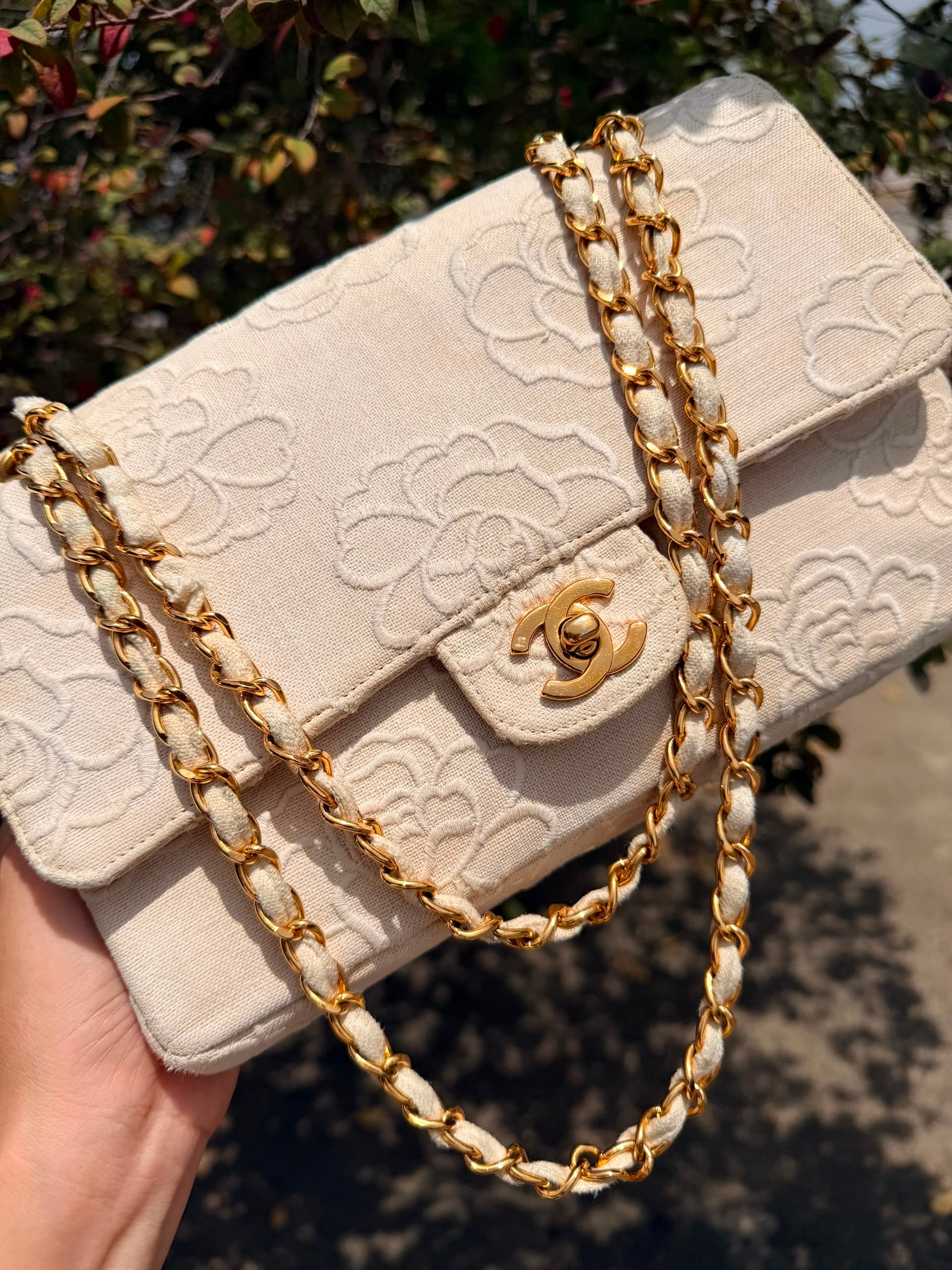 Rare! Vintage Chanel Cream Linen Camellia Medium Double Flap Bag