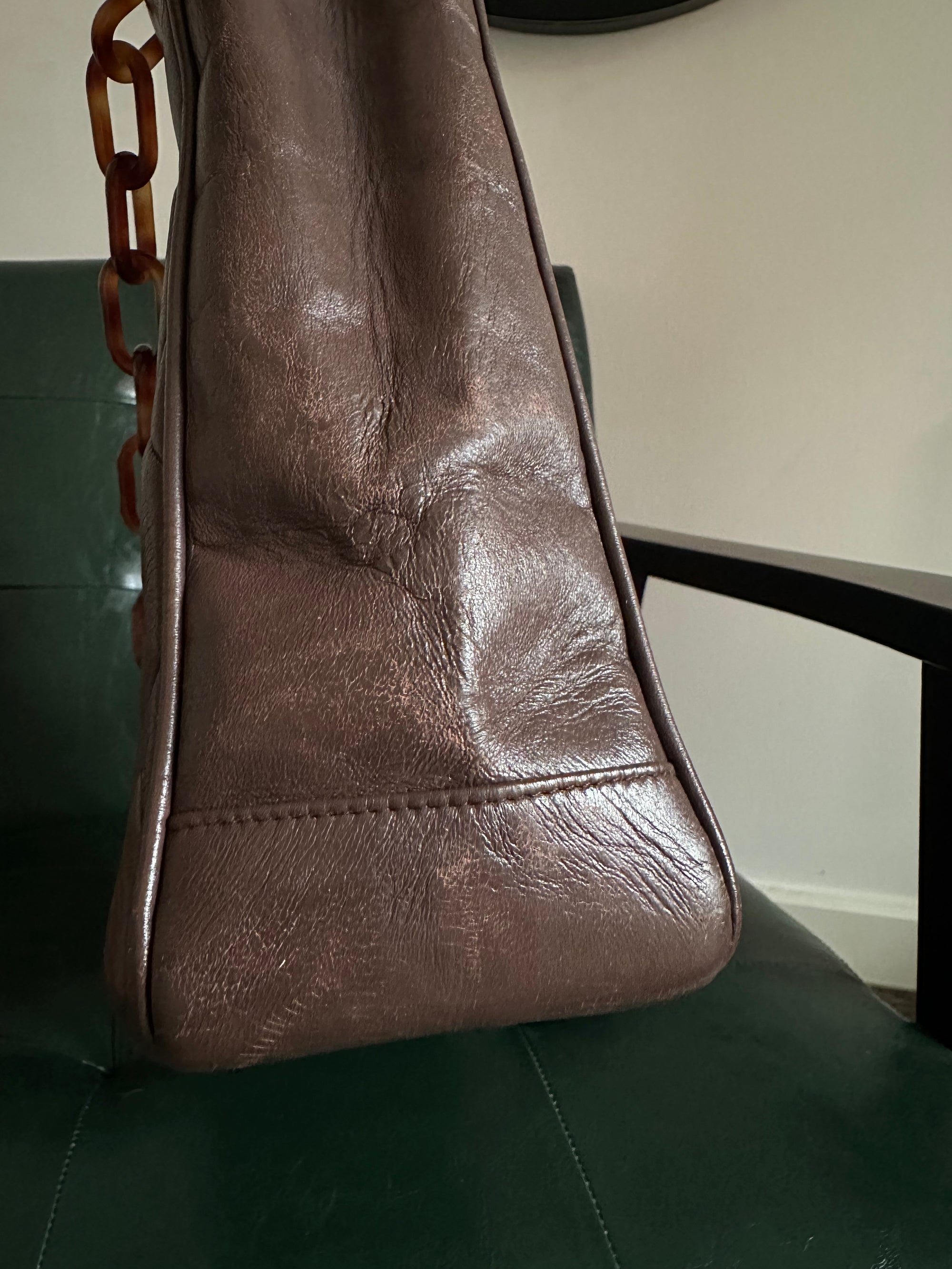 Chanel Vintage Brown Lambskin Tortoiseshell Chain Tote Bag
