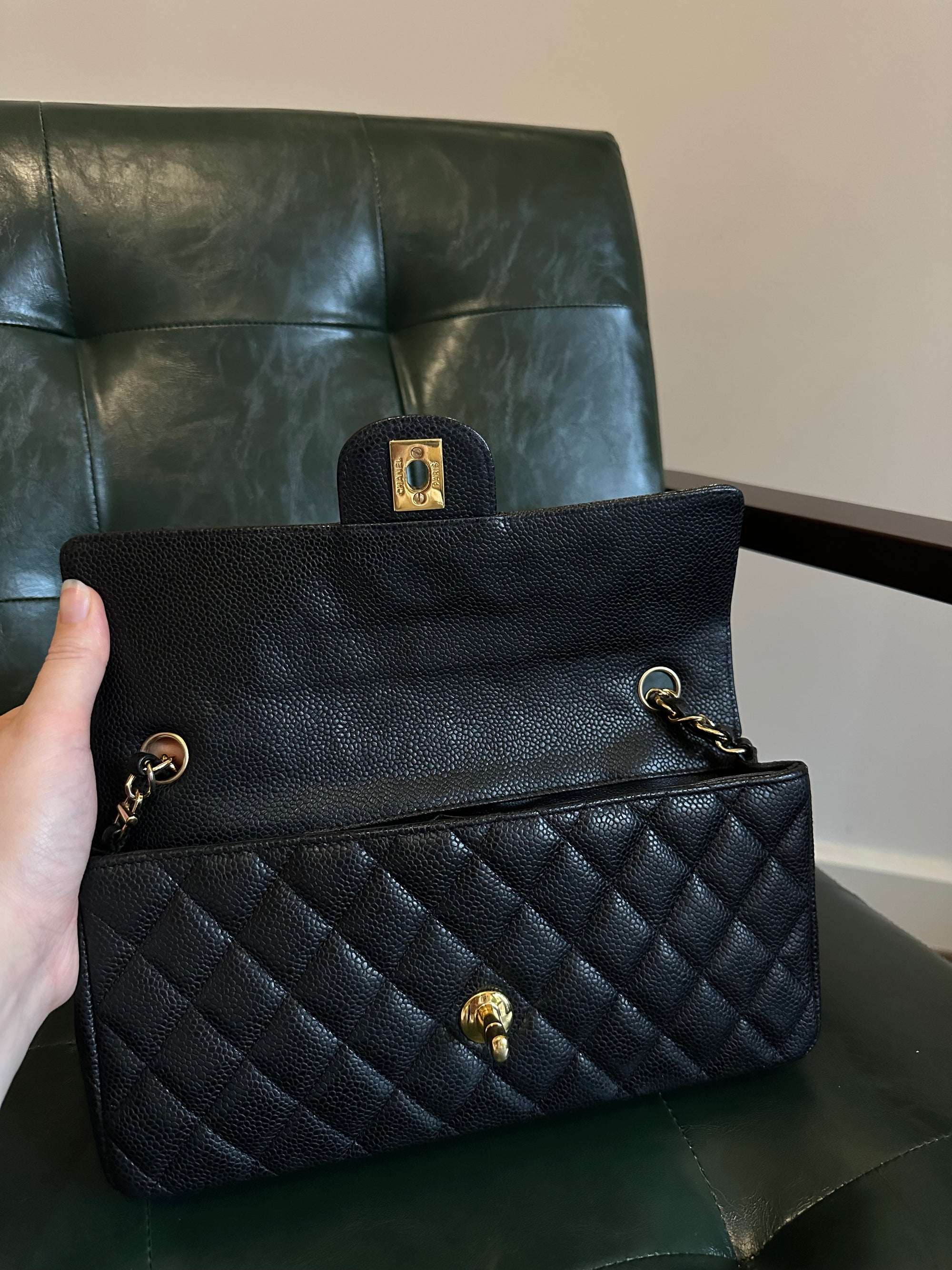 Chanel black caviar leather East West shoulder bag