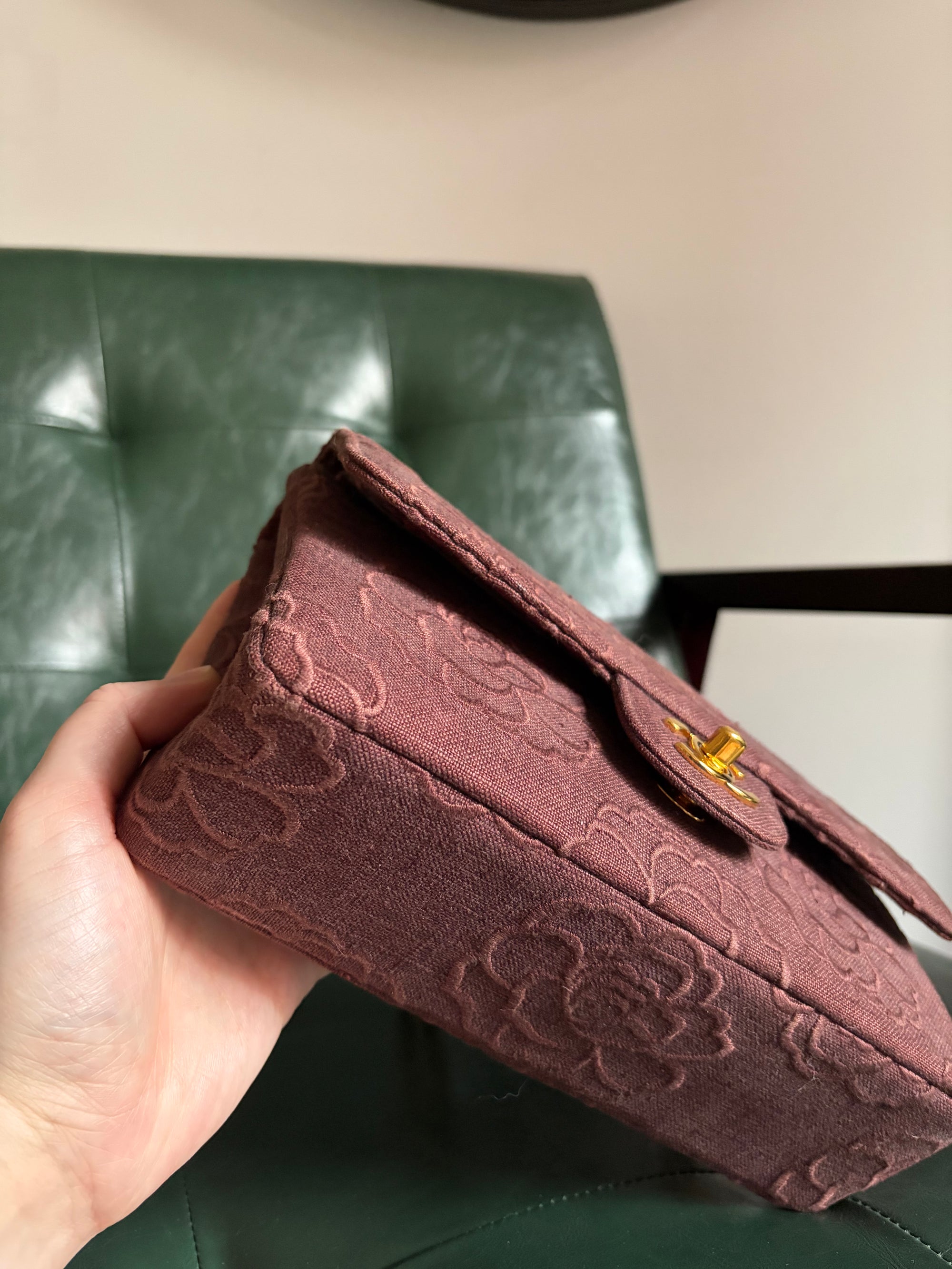 Ultra rare! Vintage Chanel Burgundy Linen Camellia Small Double Flap Bag