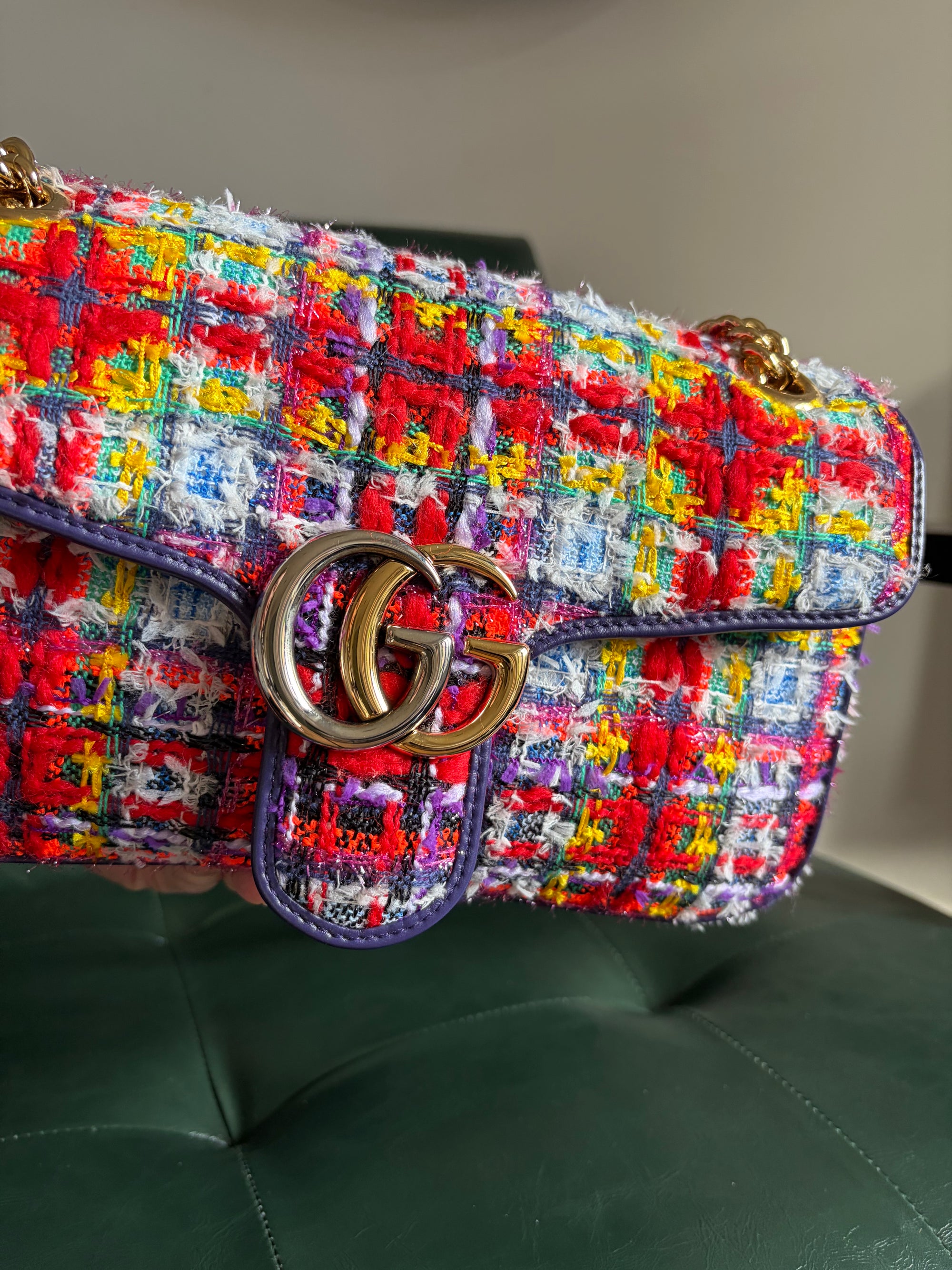 Gucci Marmont Small Multicoloured Tweed Mixed Metal Bag