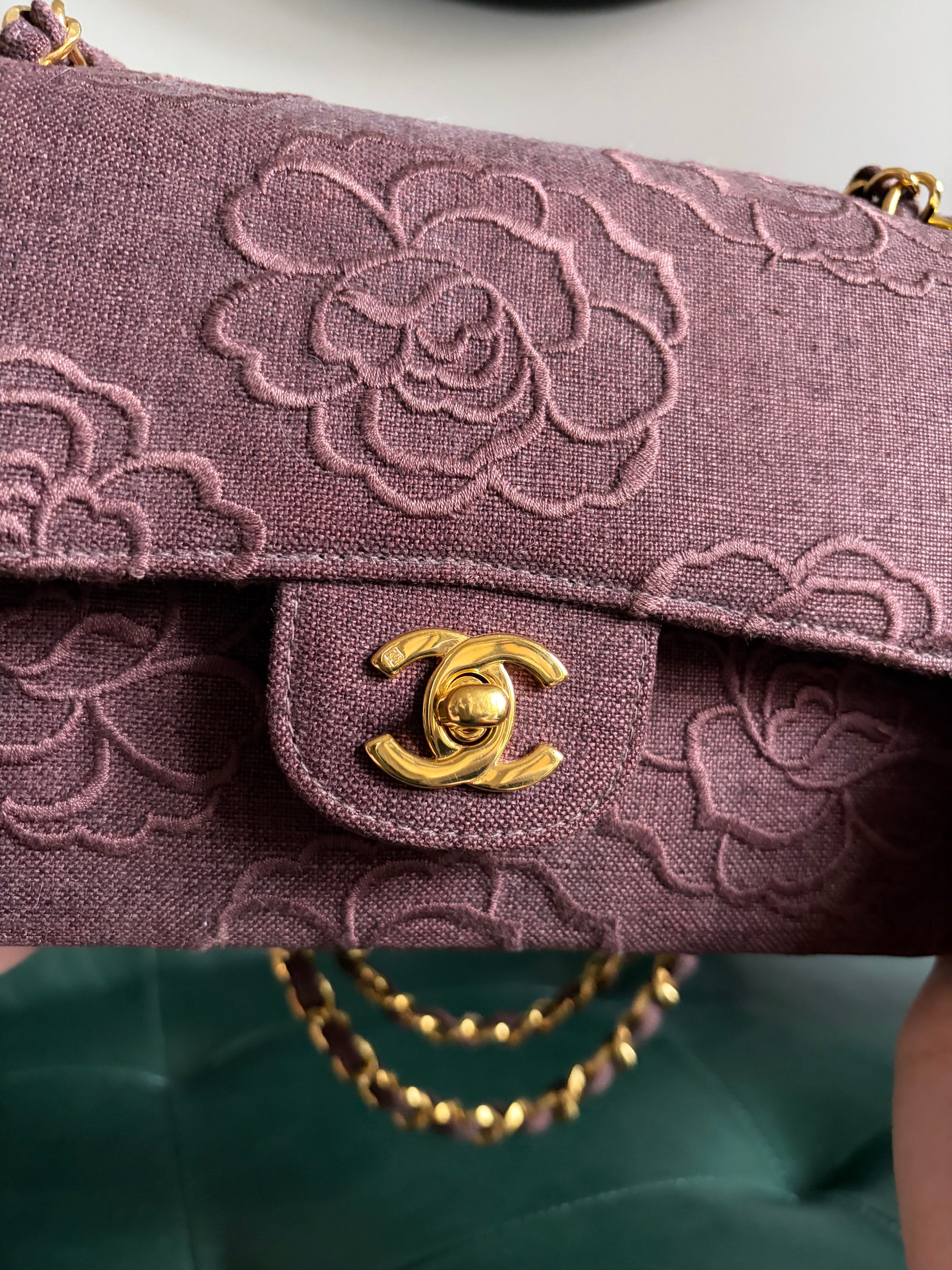 Ultra rare! Vintage Chanel Burgundy Linen Camellia Small Double Flap Bag