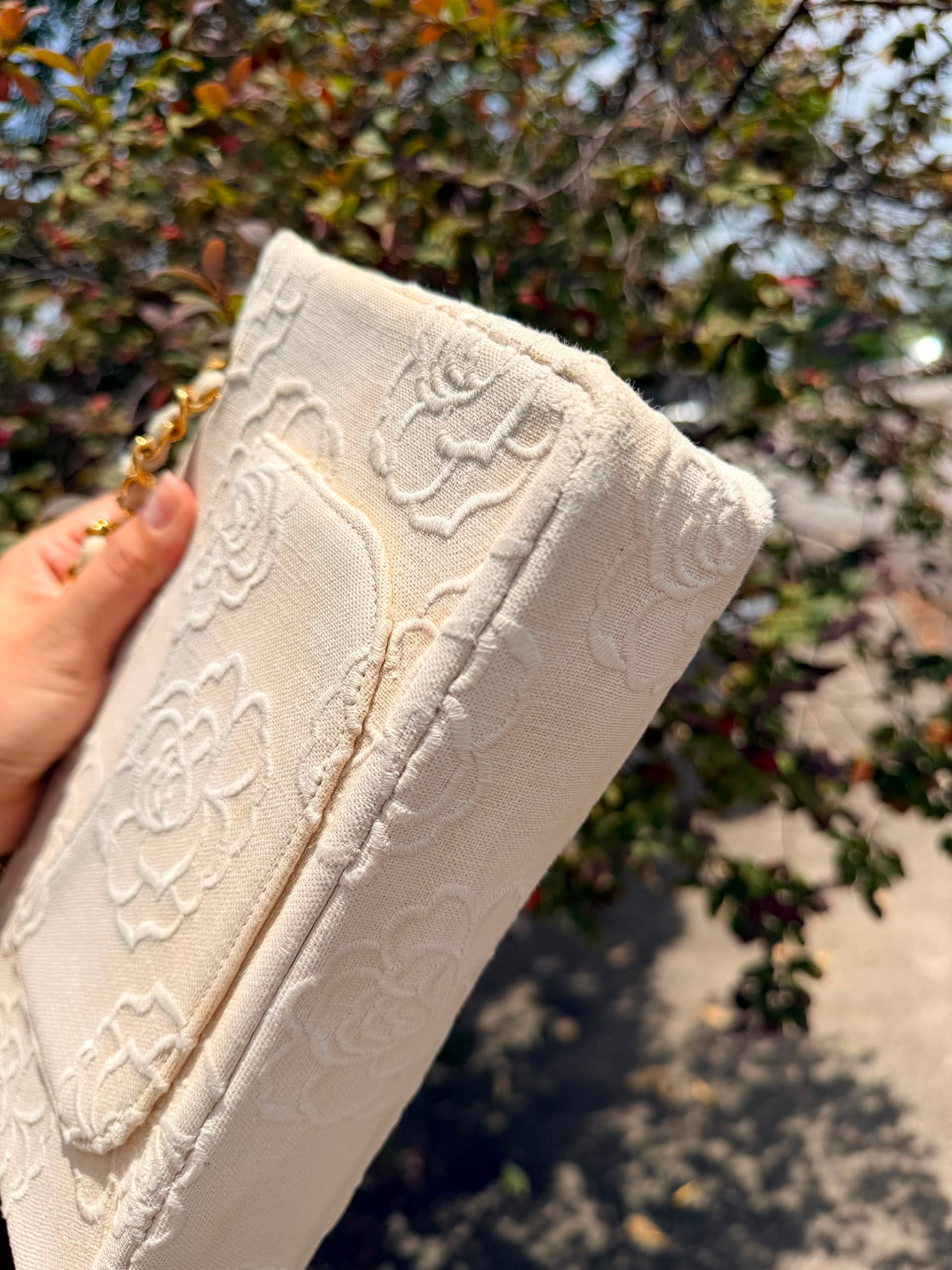 Rare! Vintage Chanel Cream Linen Camellia Medium Double Flap Bag