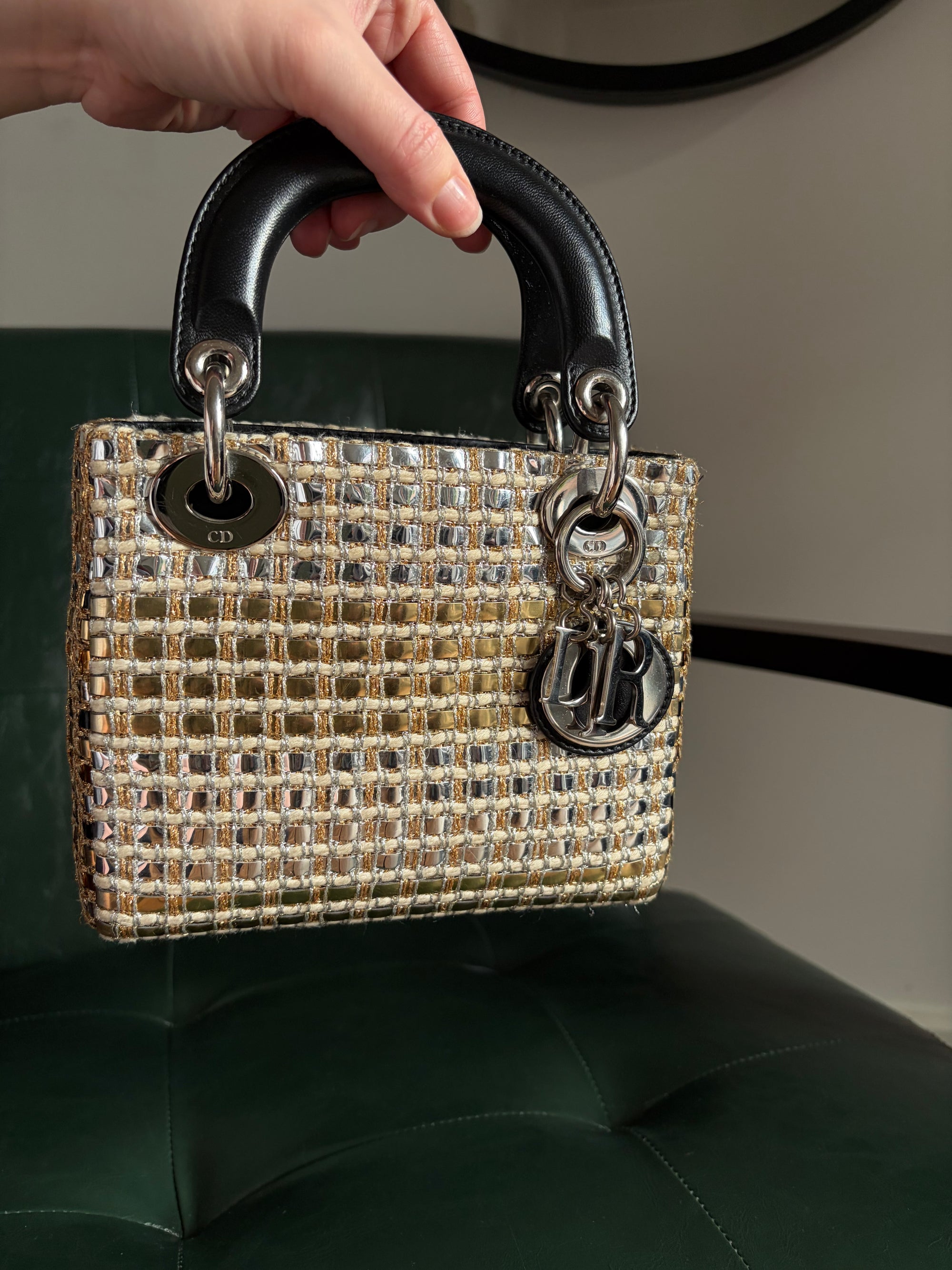 Metallic braided tweed mini Lady Dior bag