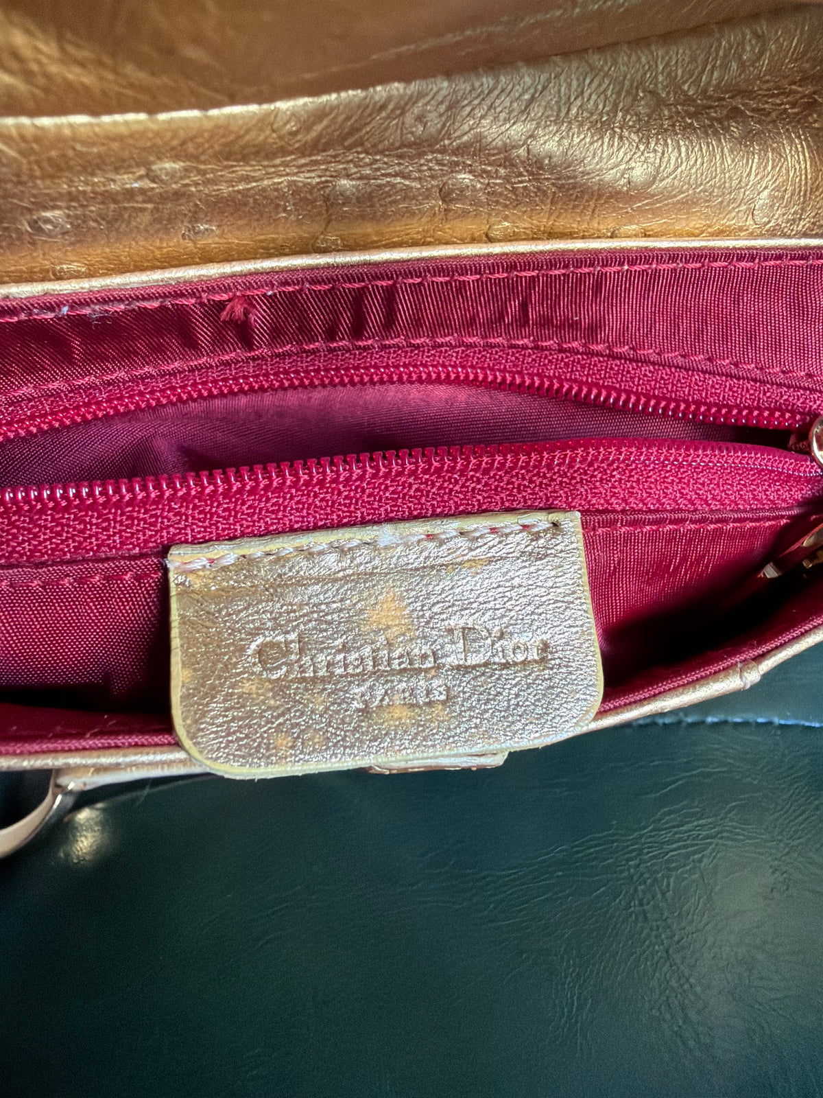 Rare! Vintage Dior gold ostrich embossed leather mini saddle bag