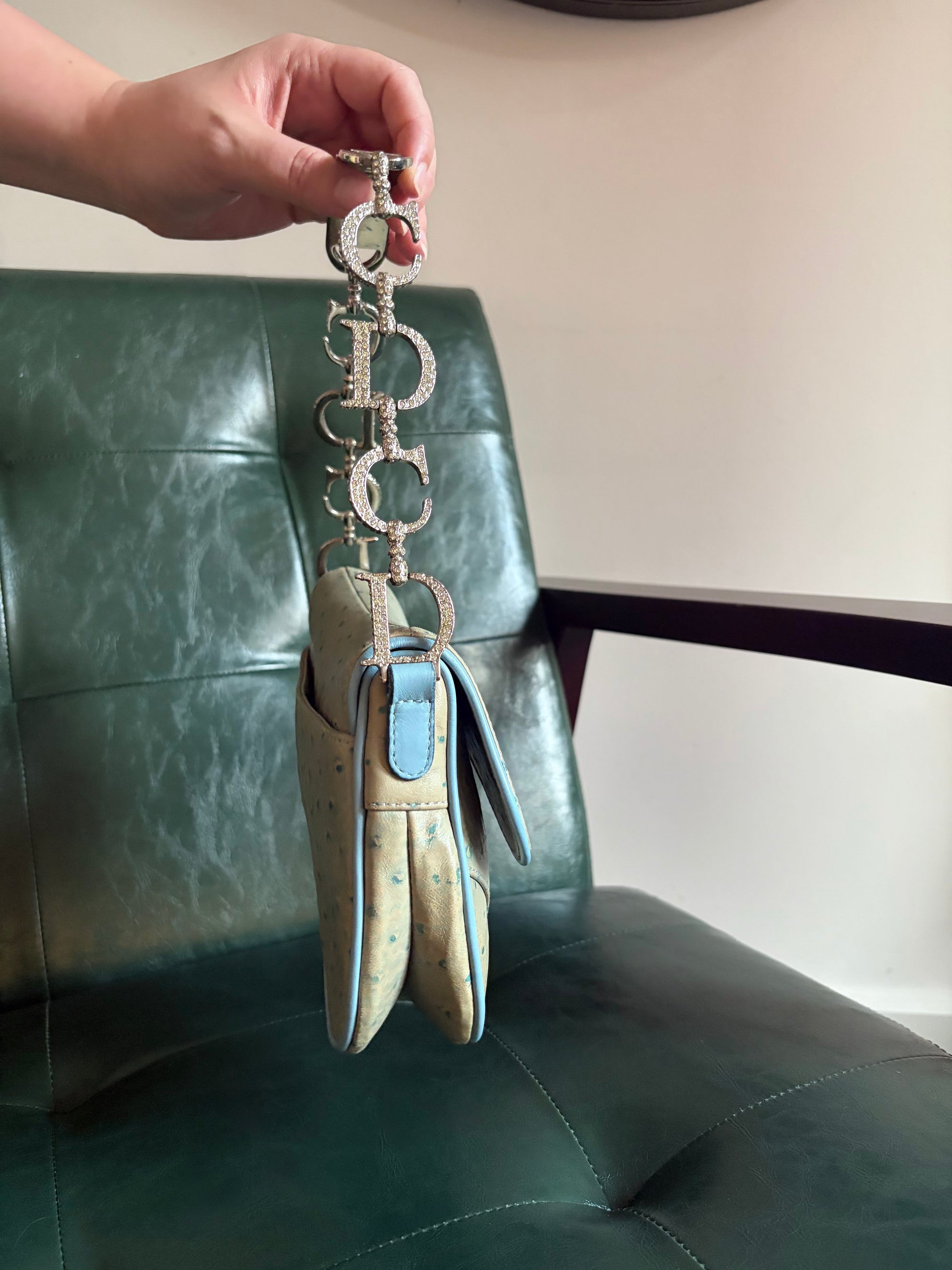 Rare! Vintage Dior blue ostrich embossed leather mini saddle bag with rhinestone strap