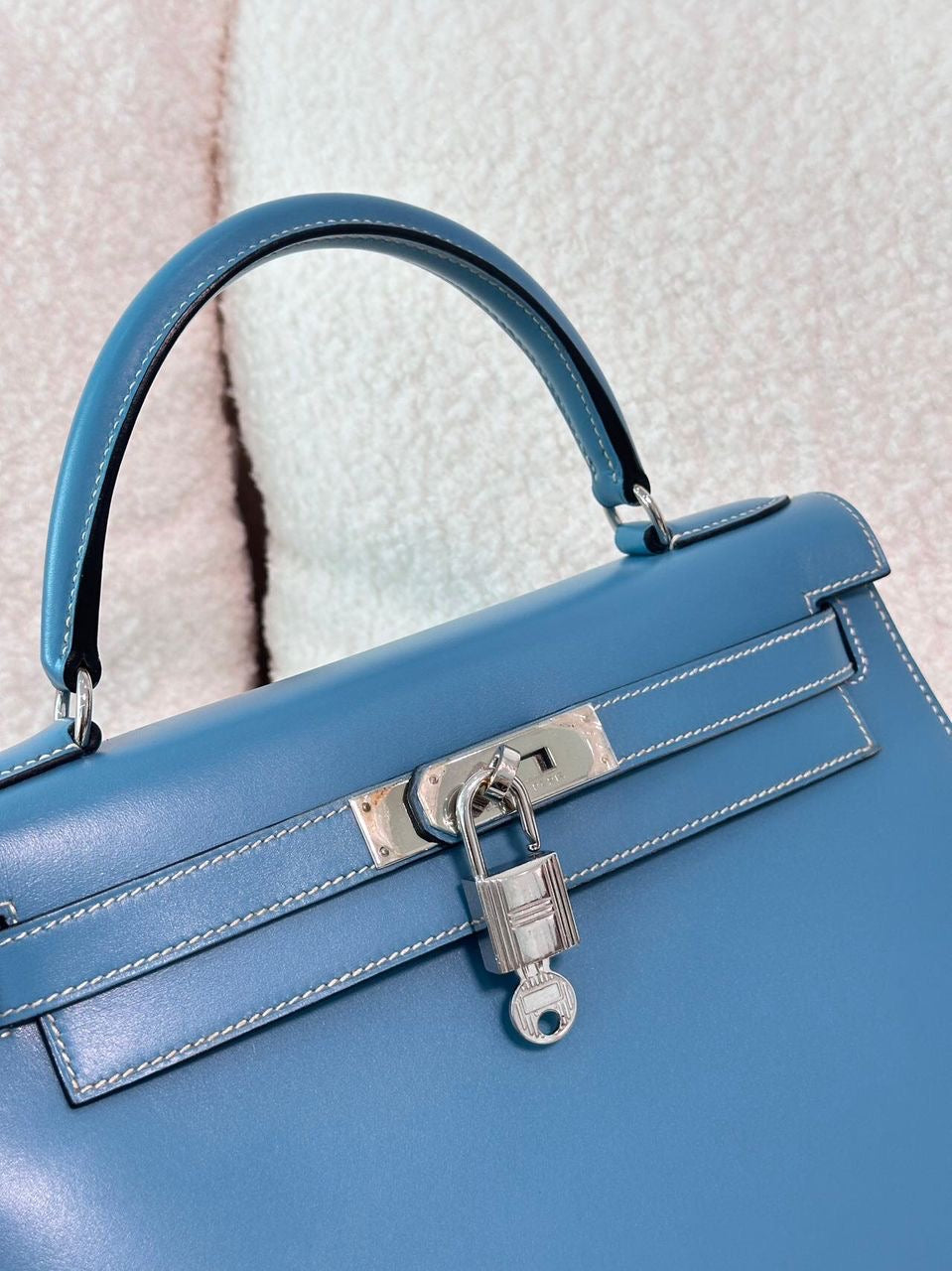 Super rare! Vintage Hermes Kelly 28 Sellier in Blue Jean box leather palladium hardware