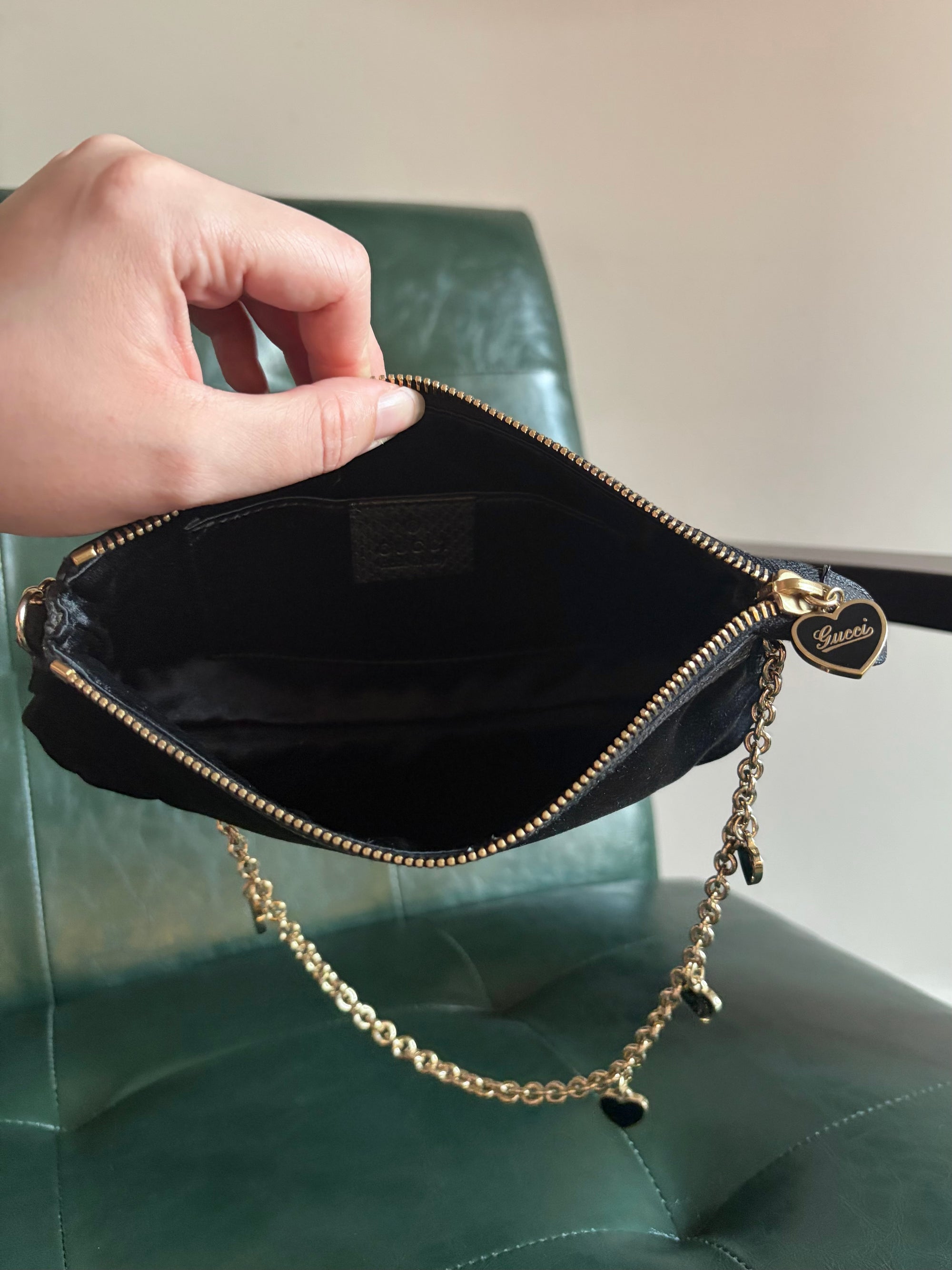 Gucci black satin heart chain pochette with exotic lizard trim