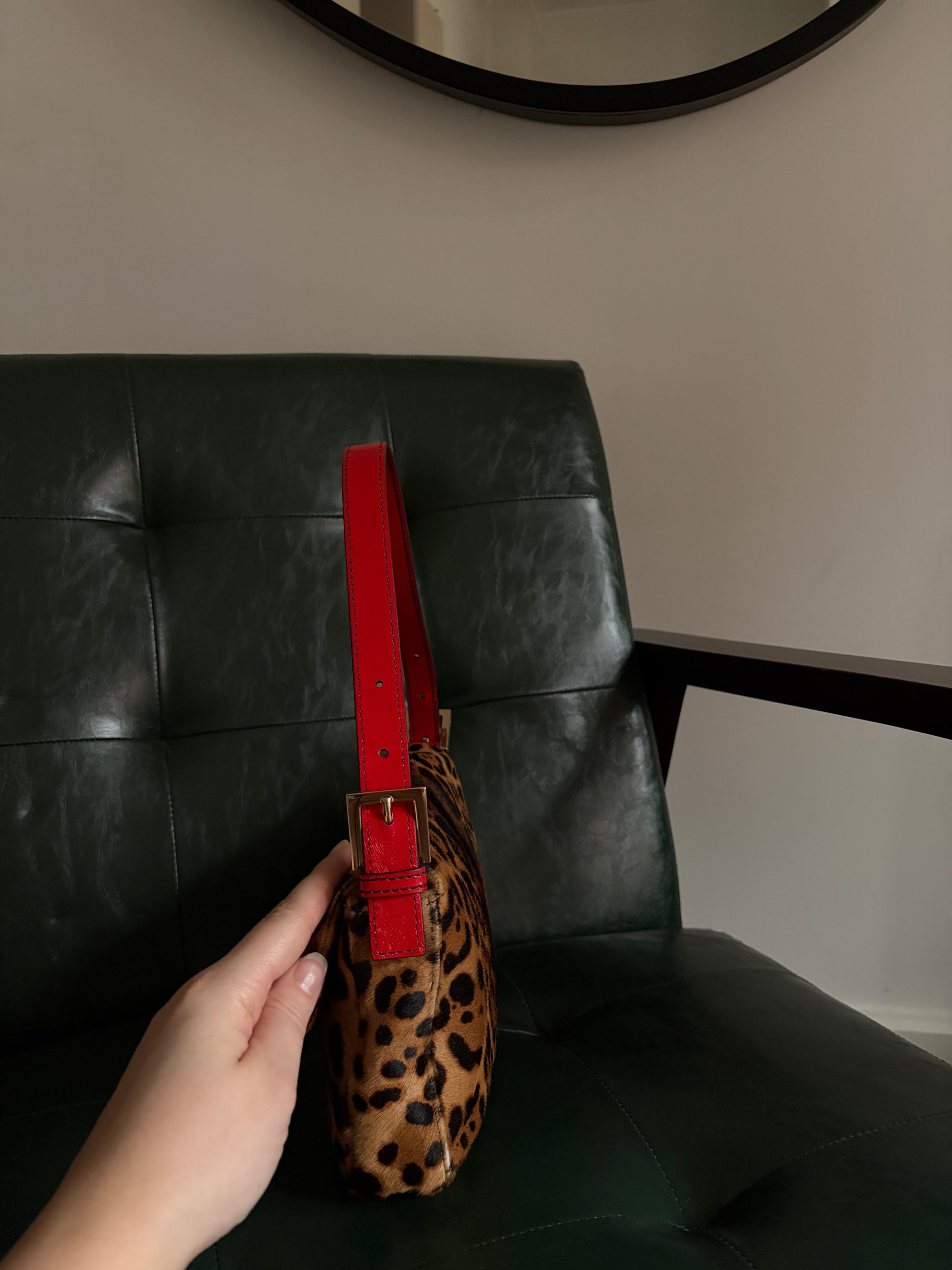 Rare! Vintage Fendi leopard print pony hair baguette bag with red leather trim