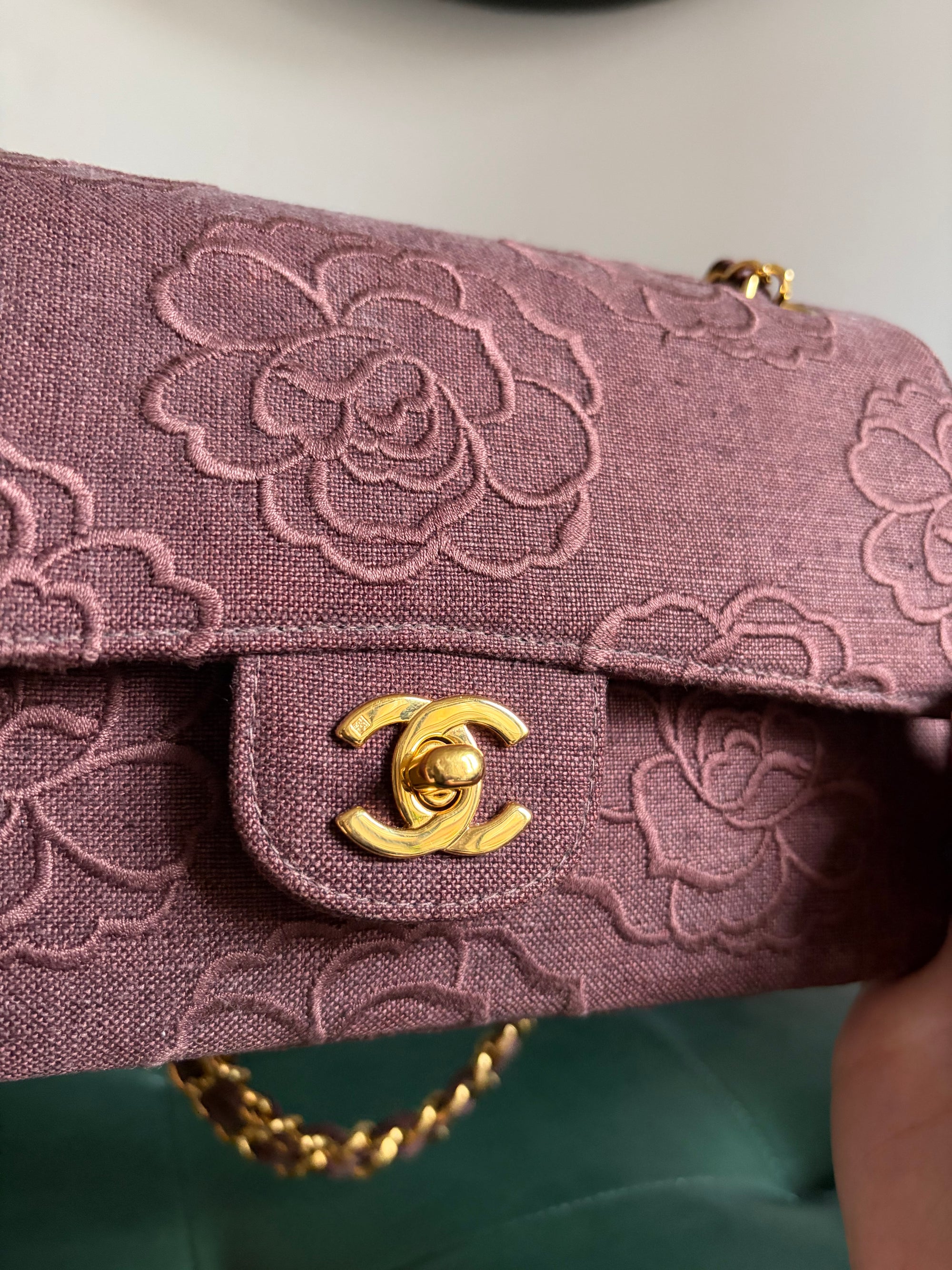 Ultra rare! Vintage Chanel Burgundy Linen Camellia Small Double Flap Bag