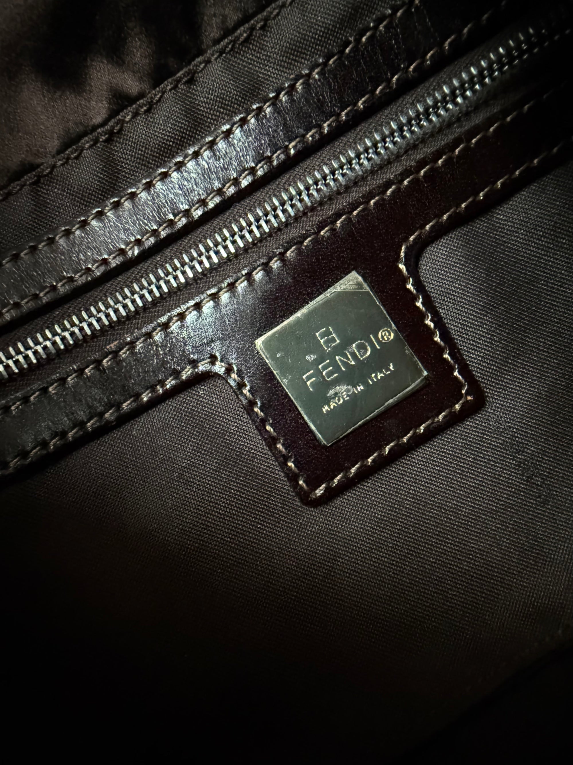 Fendi Dark Brown Satin and Blue Iridescent Beaded Baguette