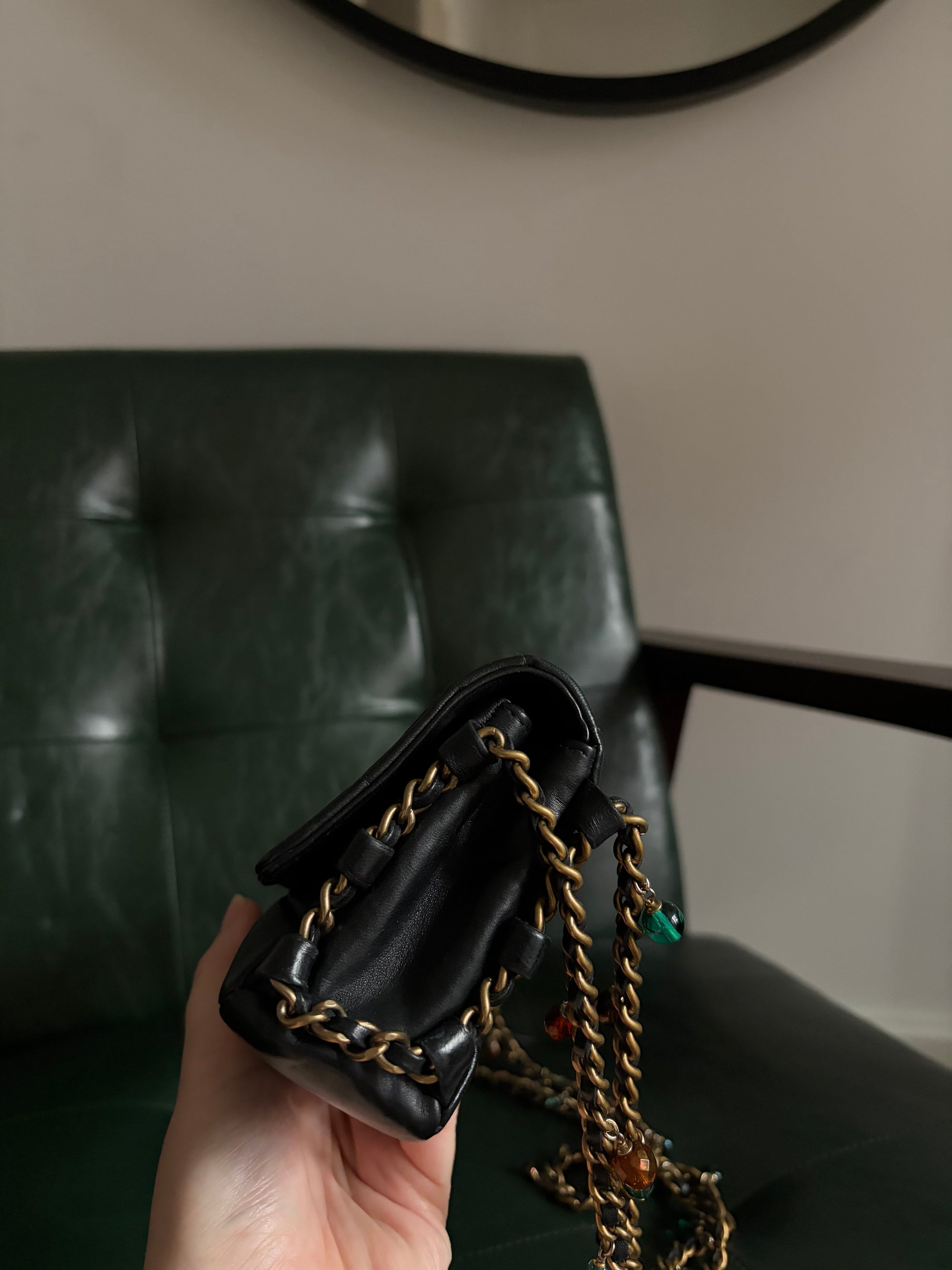 Rare! Chanel black lambskin chocolate bar east west bag with embellished chain