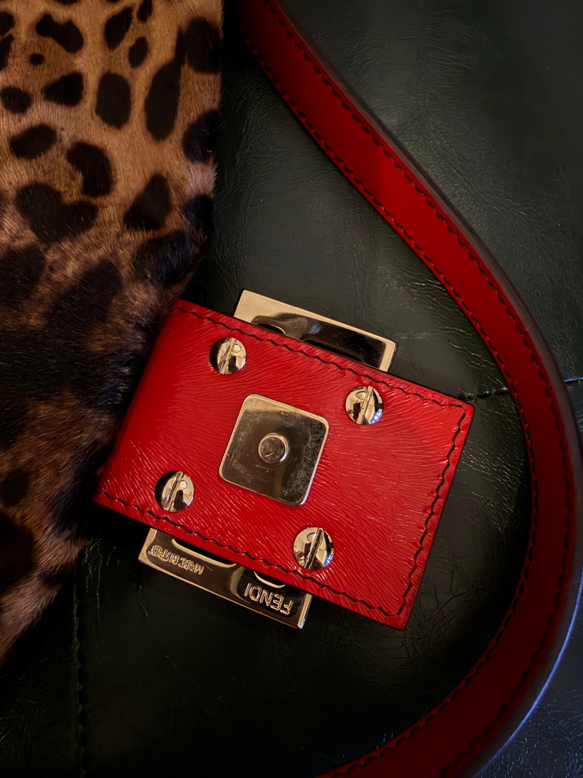 Rare! Vintage Fendi leopard print pony hair baguette bag with red leather trim
