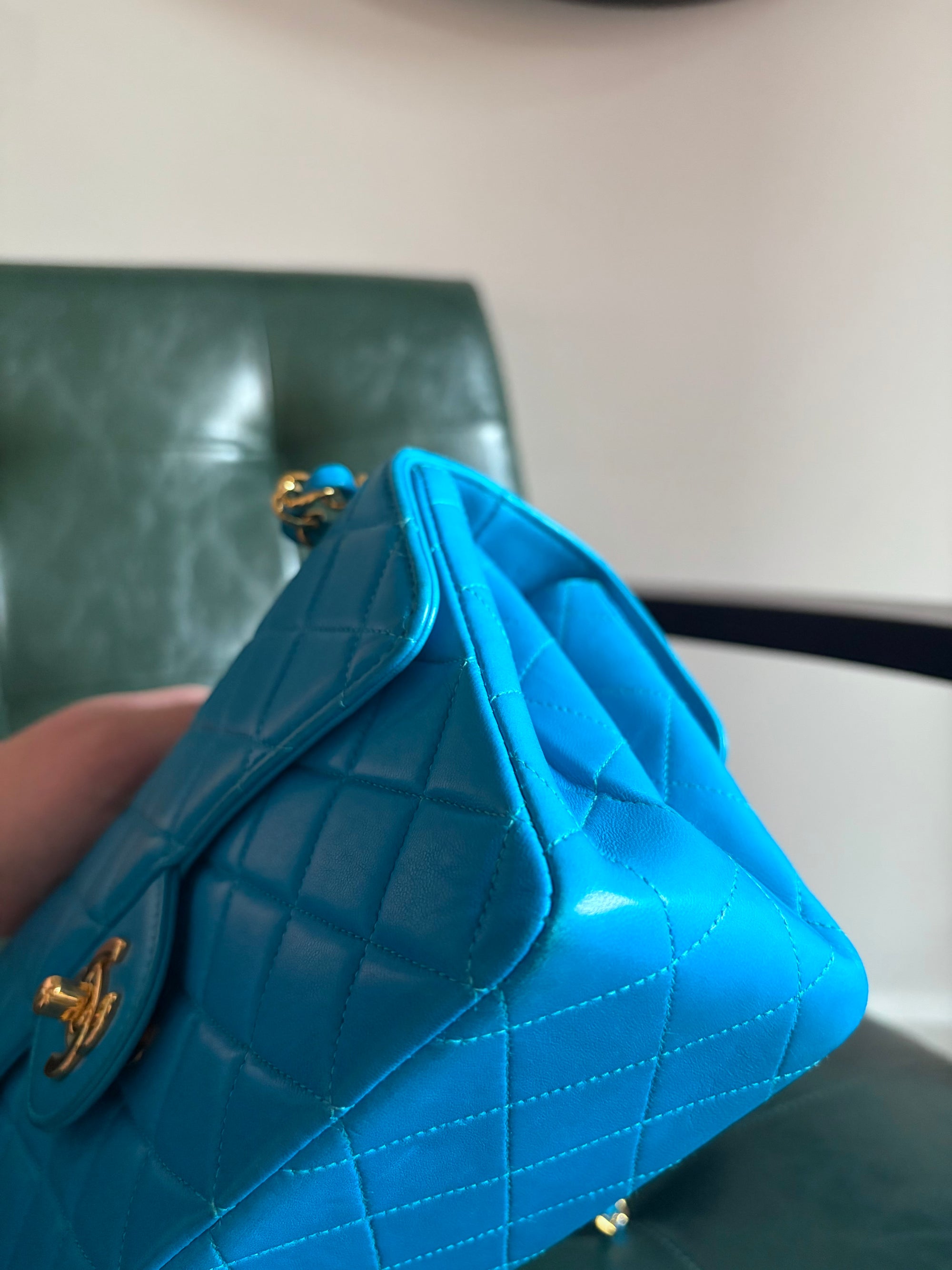 Rare! Vintage Chanel cerulean blue lambskin double sided flap bag with 24ct gold plated hardware