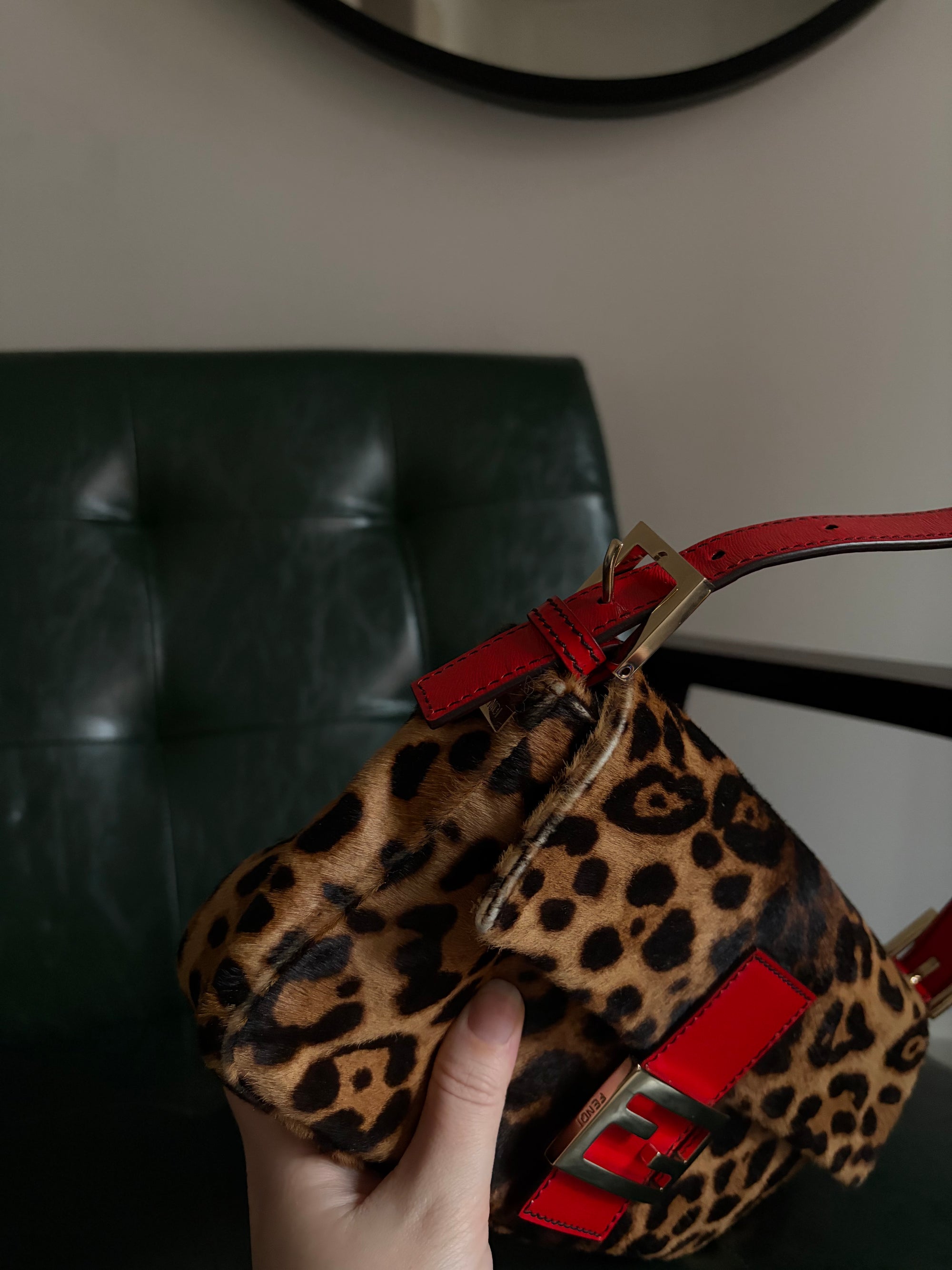 Rare! Vintage Fendi leopard print pony hair baguette bag with red leather trim