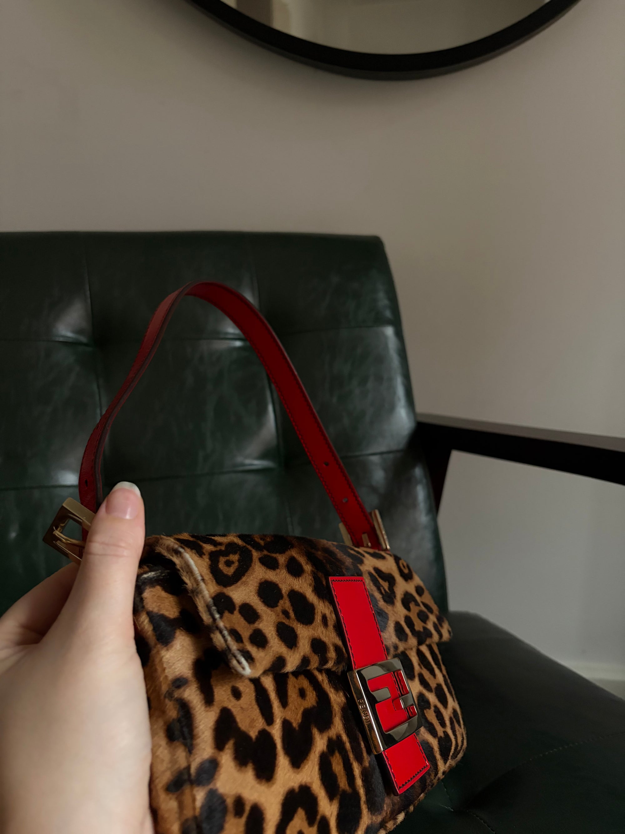Rare! Vintage Fendi leopard print pony hair baguette bag with red leather trim