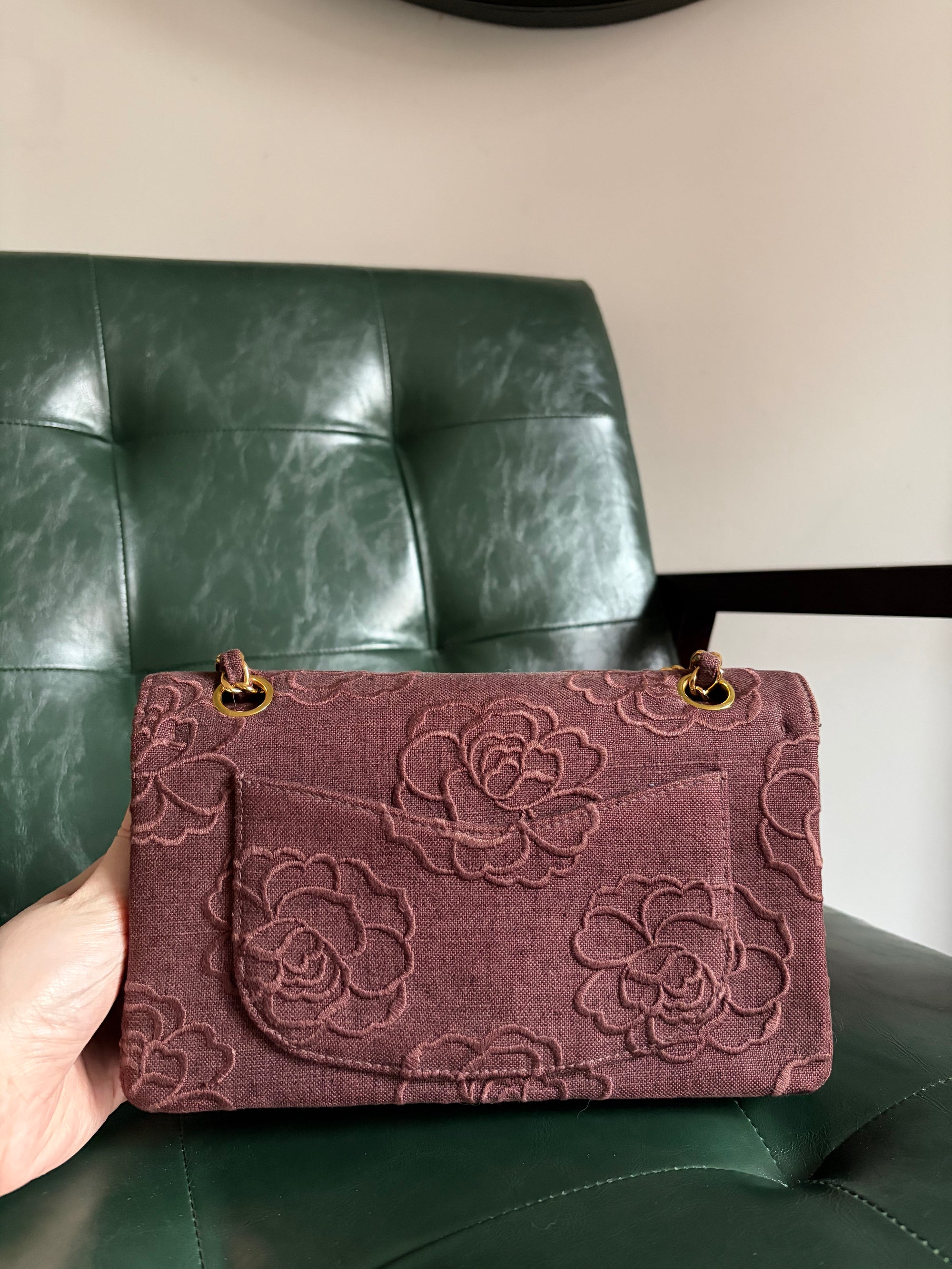 Ultra rare! Vintage Chanel Burgundy Linen Camellia Small Double Flap Bag