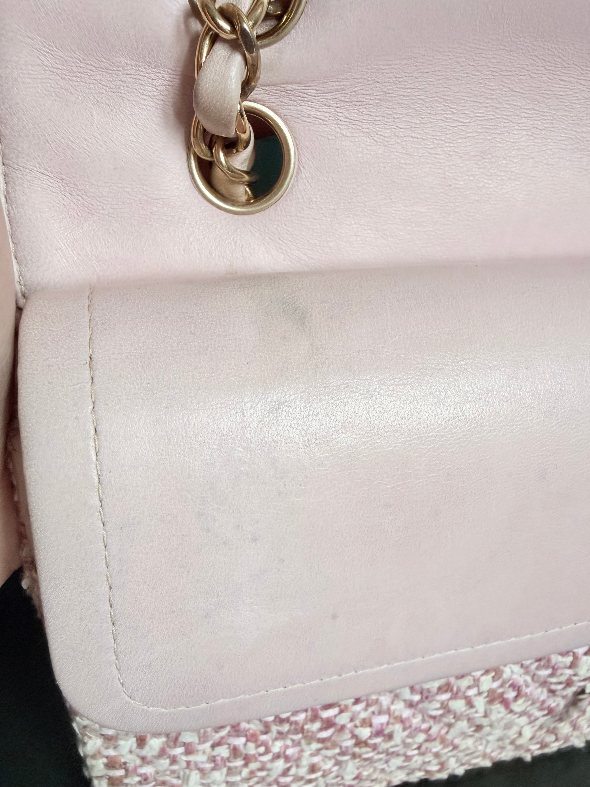 Chanel Vintage Pink and White Tweed Medium Classic Flap with 24ct Gold Hardware