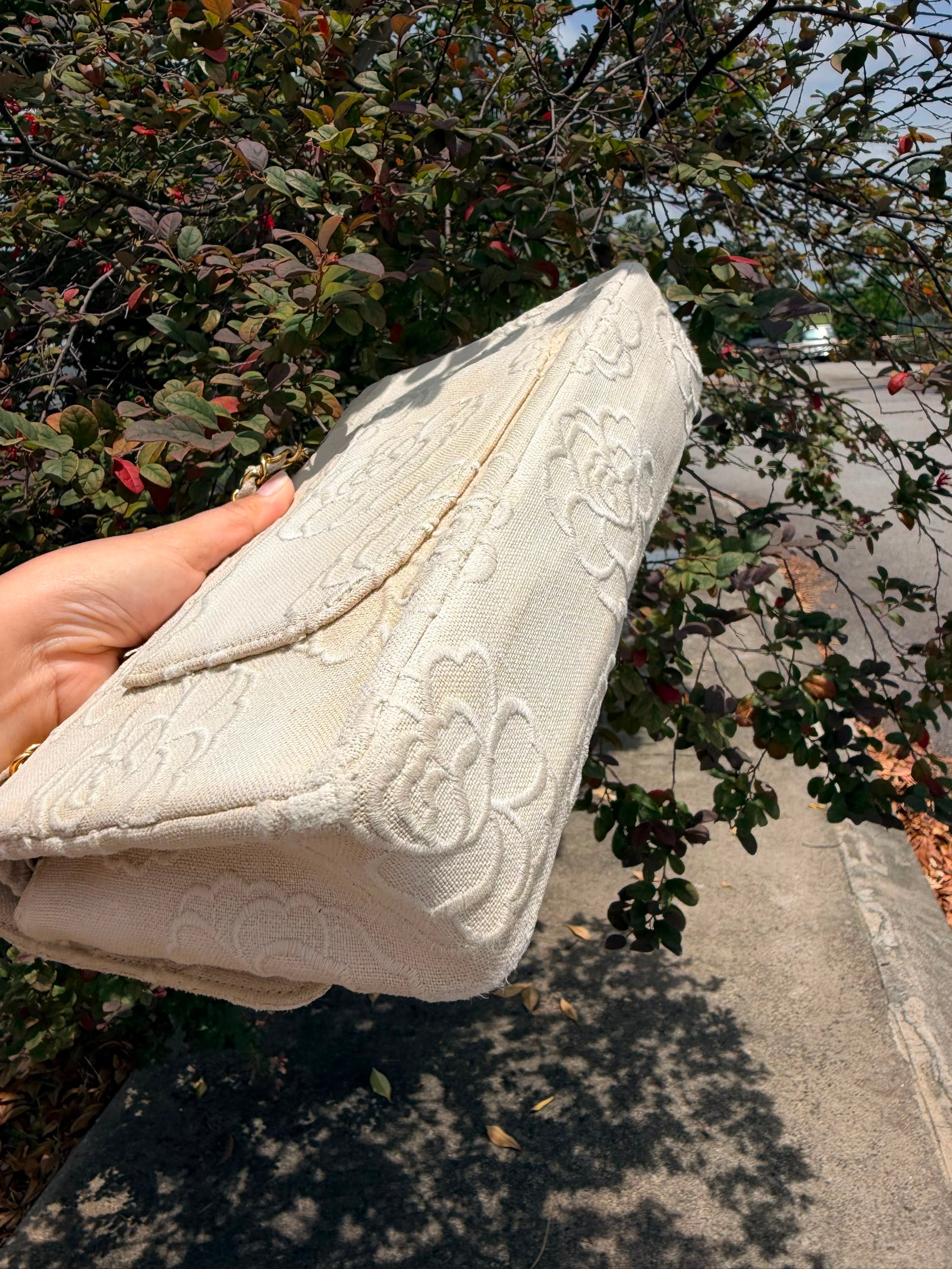 Rare! Vintage Chanel Cream Linen Camellia Medium Double Flap Bag