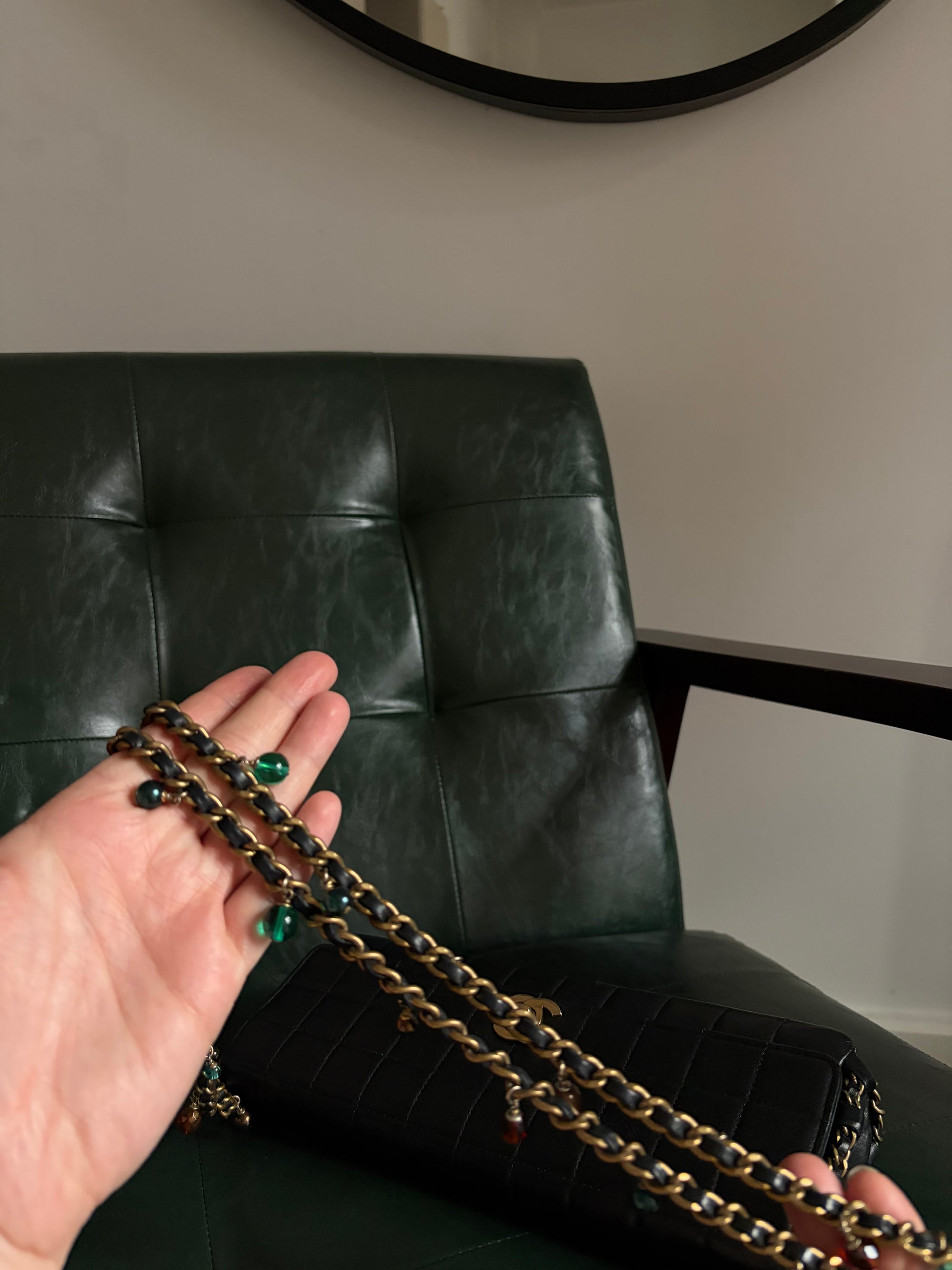 Rare! Chanel black lambskin chocolate bar east west bag with embellished chain