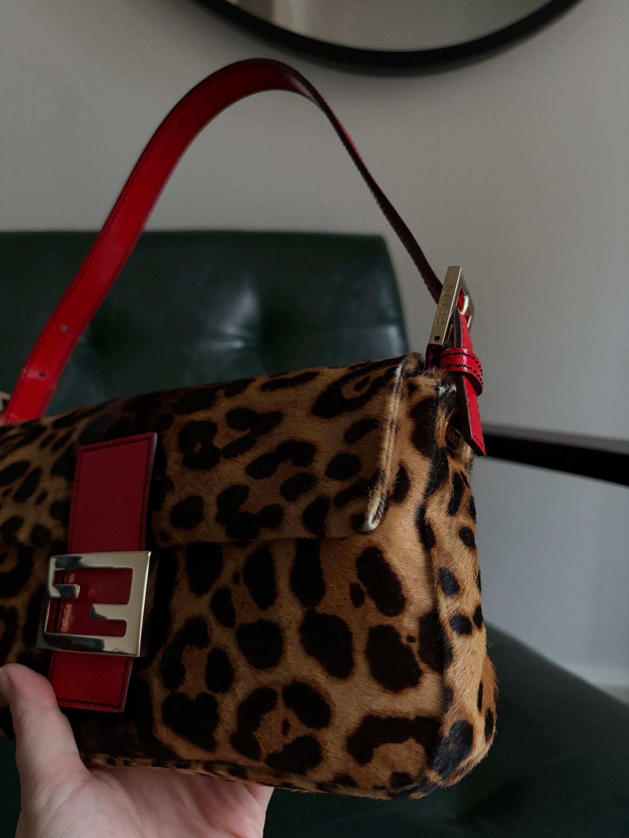 Rare! Vintage Fendi leopard print pony hair baguette bag with red leather trim
