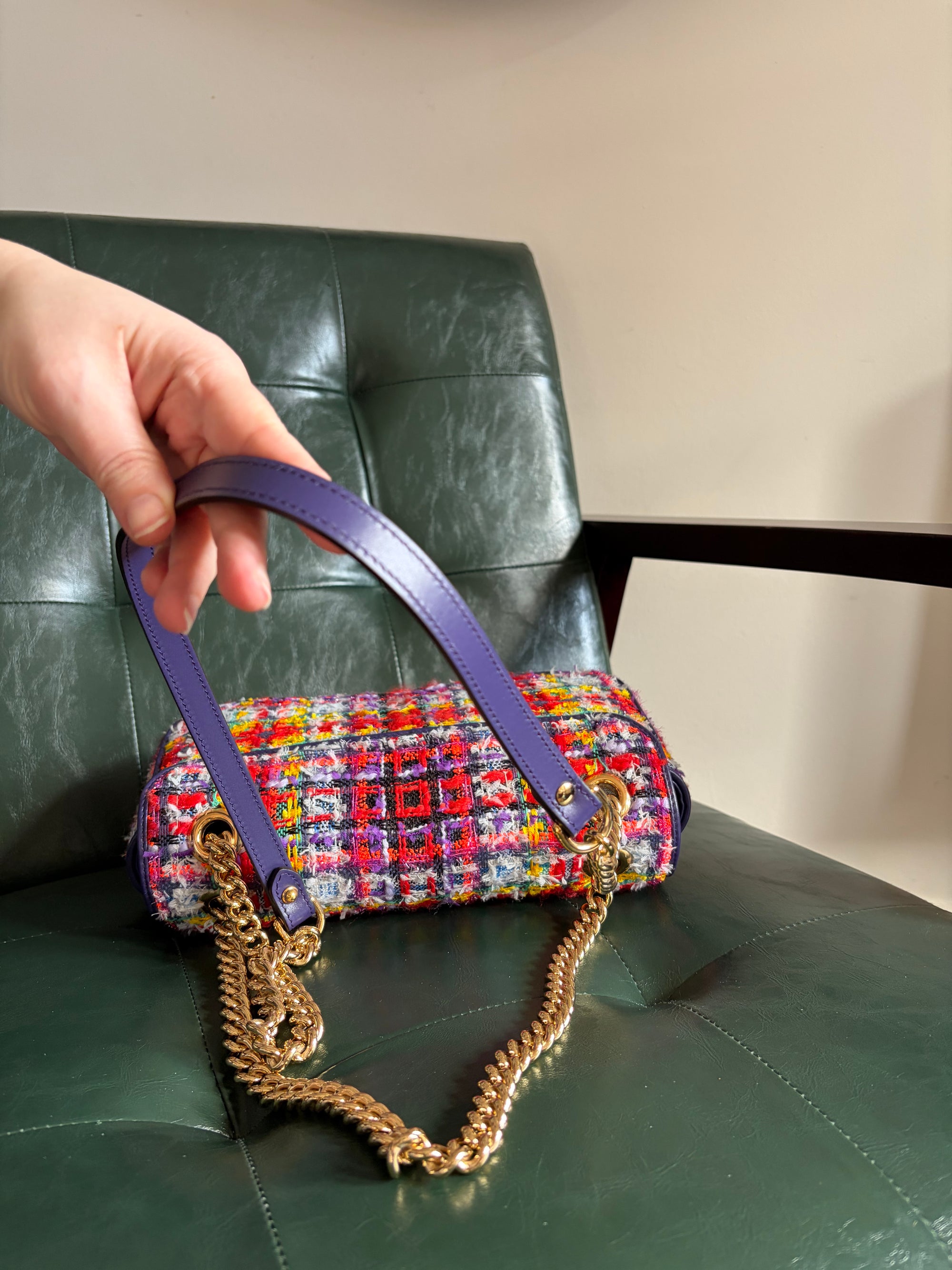 Gucci Marmont Small Multicoloured Tweed Mixed Metal Bag