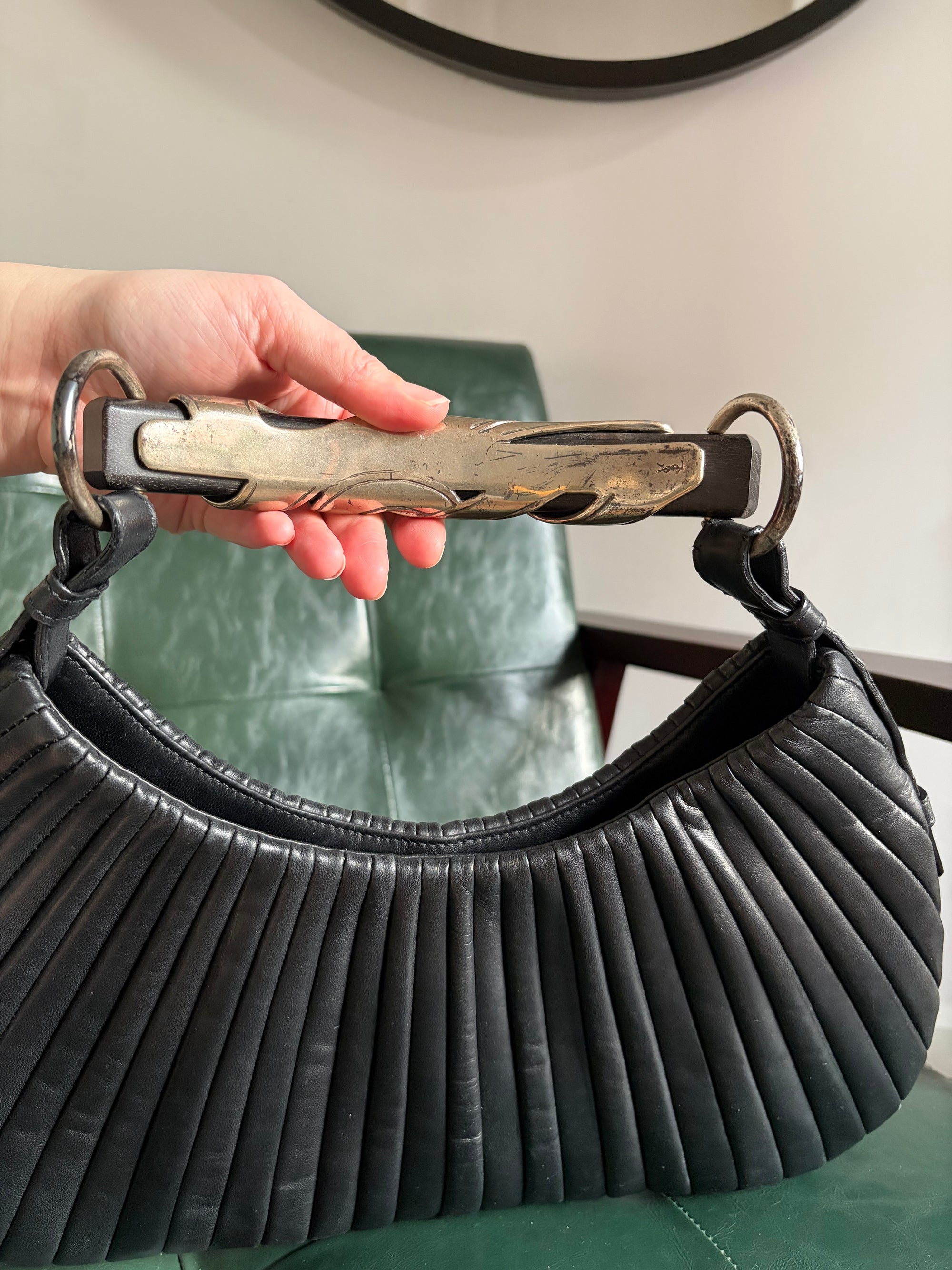 YSL black leather pleated Mombasa hobo bag