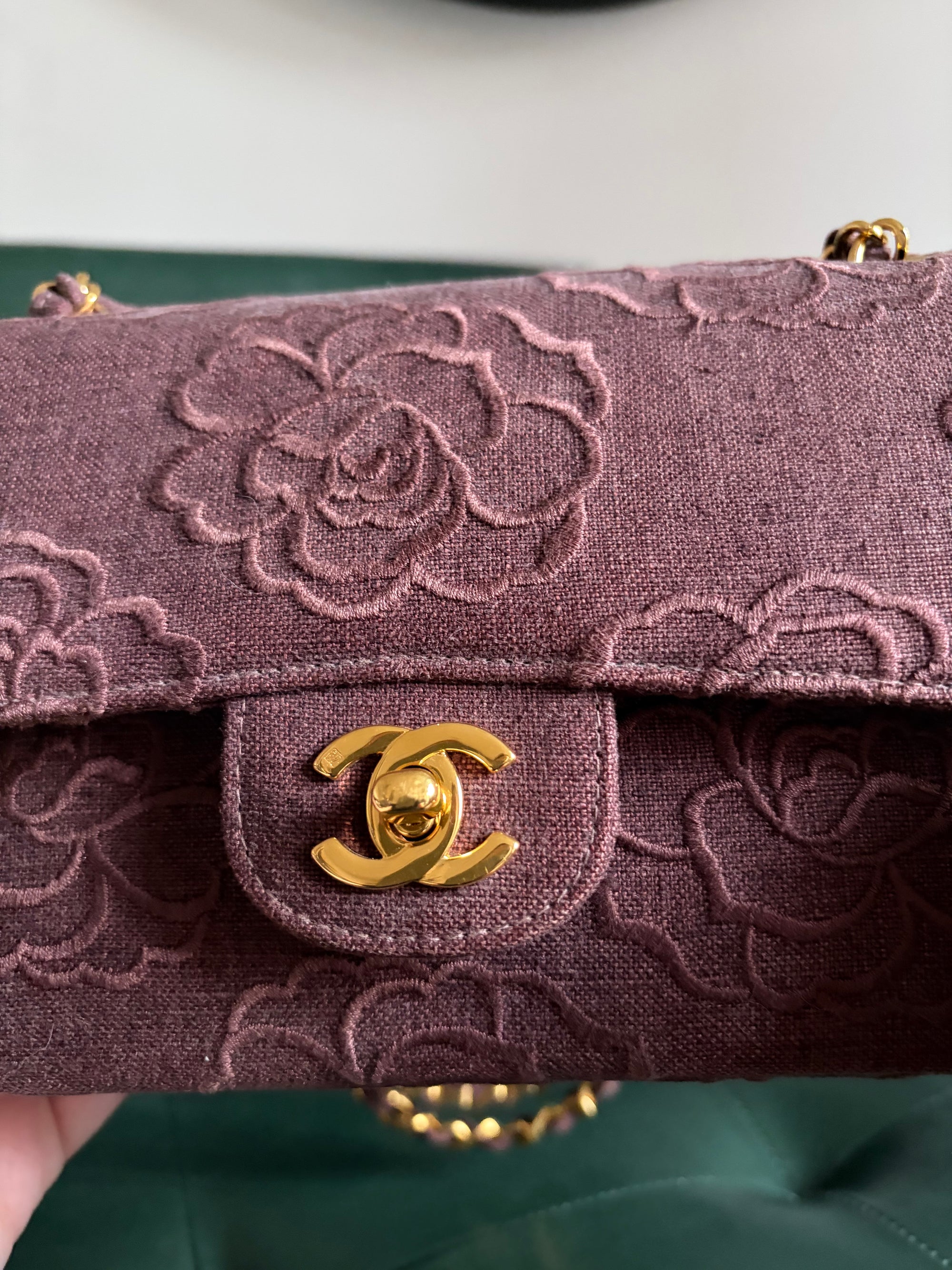 Ultra rare! Vintage Chanel Burgundy Linen Camellia Small Double Flap Bag