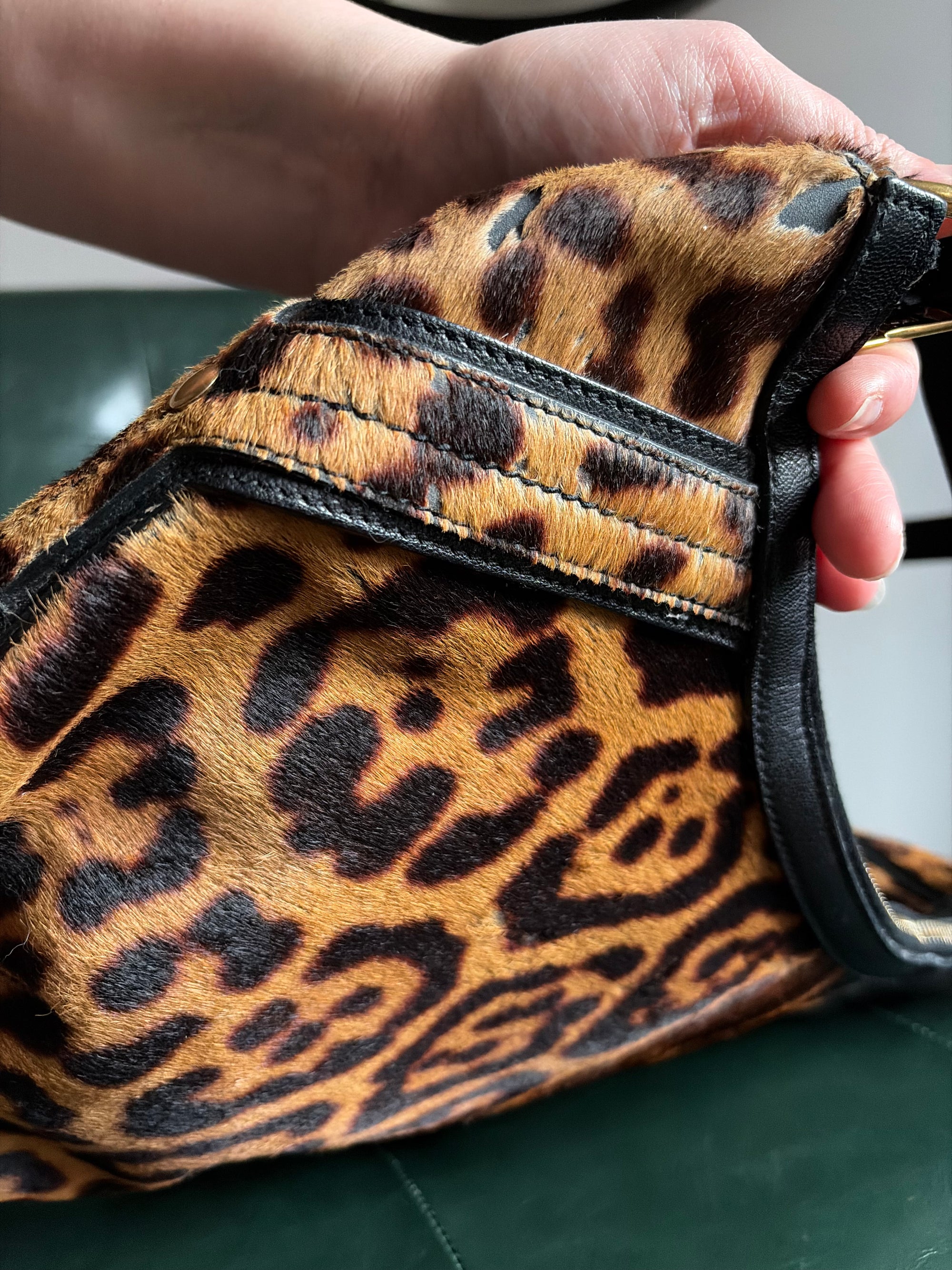 Vintage Yves Saint Laurent Large Leopard Print Pony Hair Hobo Mombasa Bag