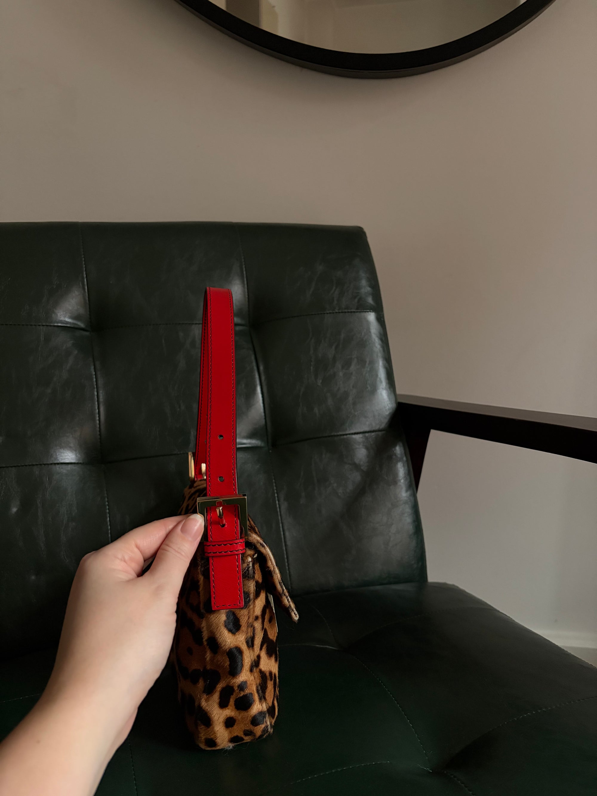 Rare! Vintage Fendi leopard print pony hair baguette bag with red leather trim