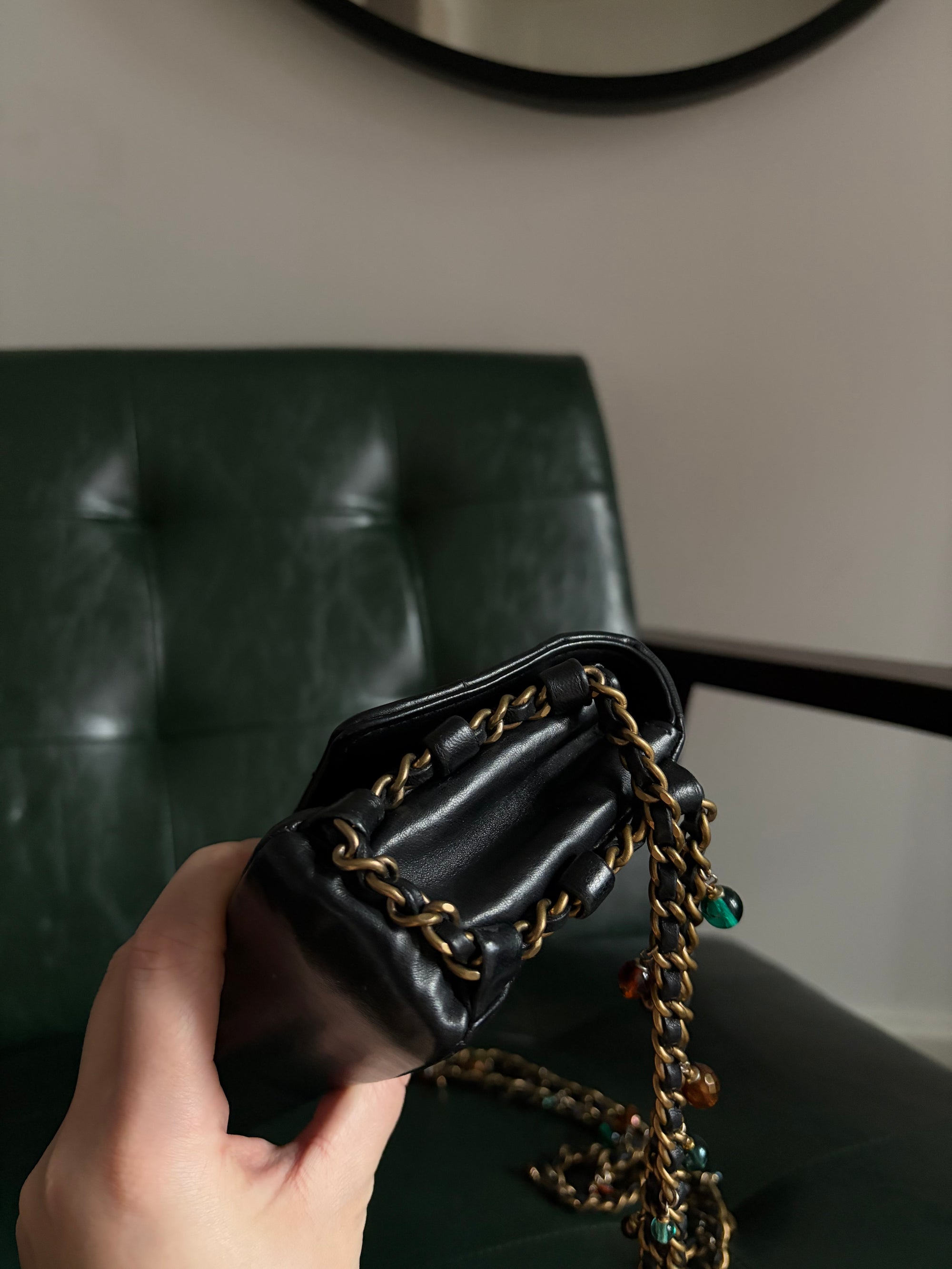 Rare! Chanel black lambskin chocolate bar east west bag with embellished chain