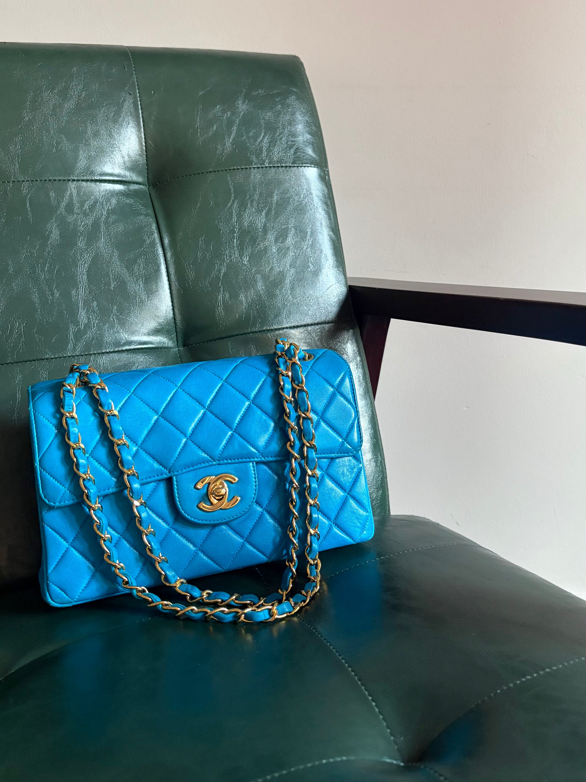 Rare! Vintage Chanel cerulean blue lambskin double sided flap bag with 24ct gold plated hardware