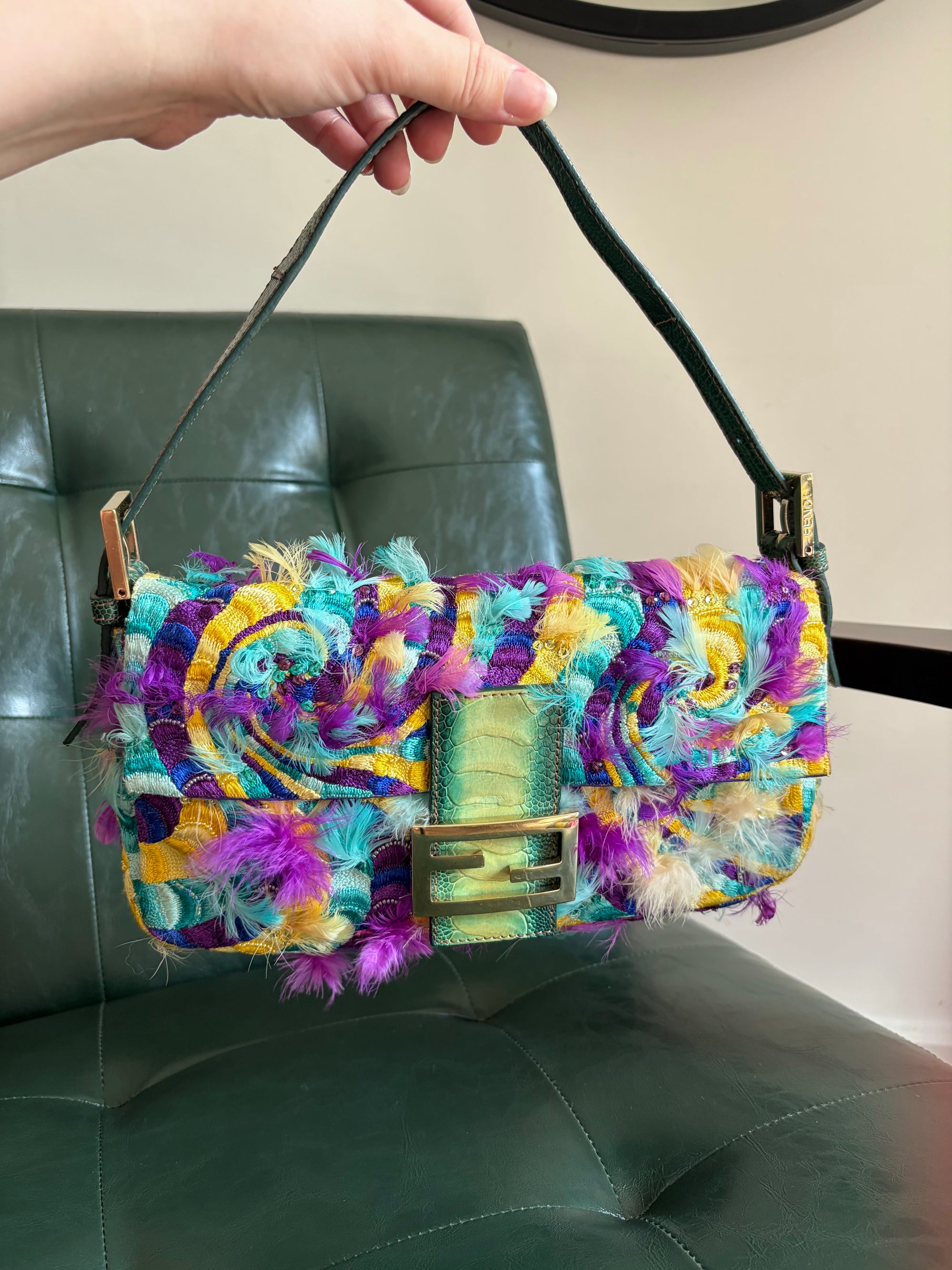 Ultra rare! Fendi ‘Willy Wonka’ embroidered fabric swirl and feather baguette bag