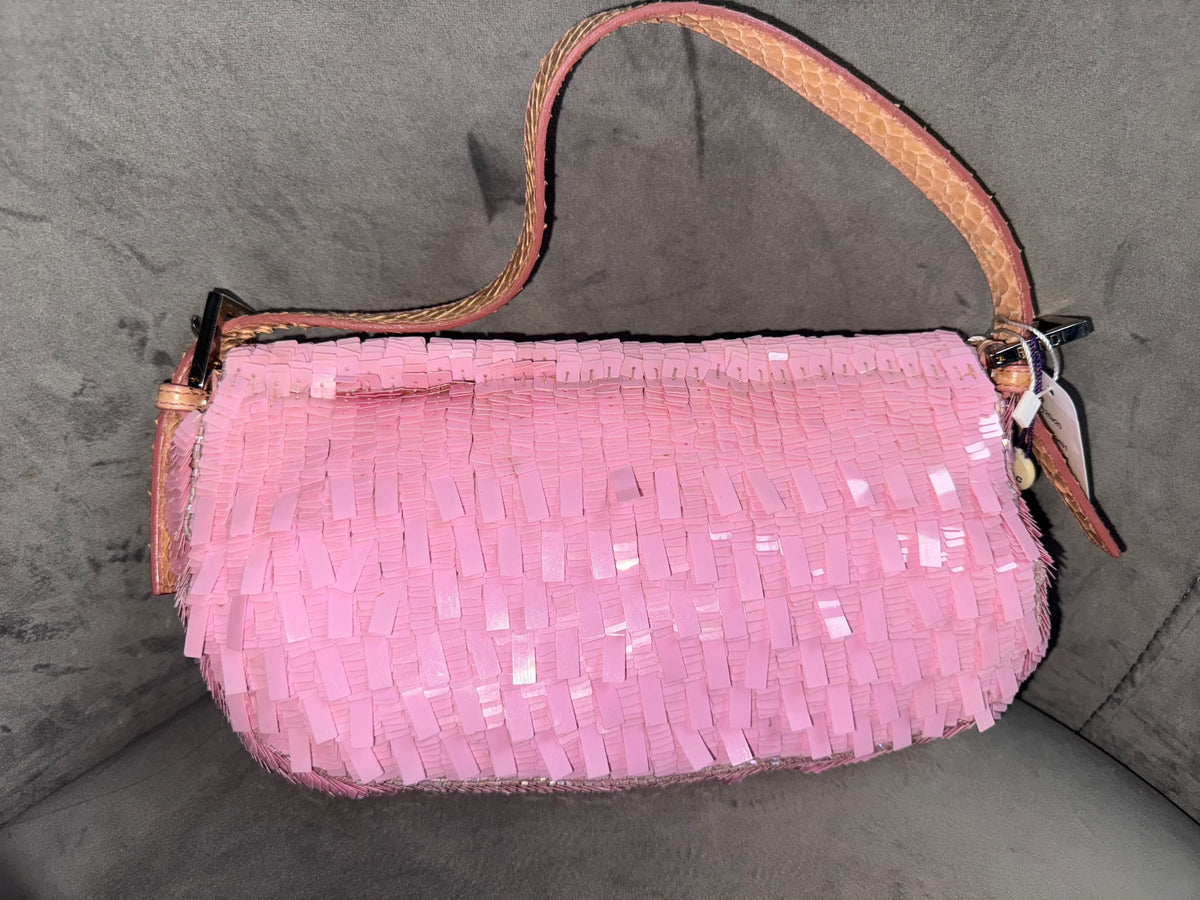 Rare! Fendi Paillettes Pink Beaded and Sequin Vintage Baguette Exotic Trim
