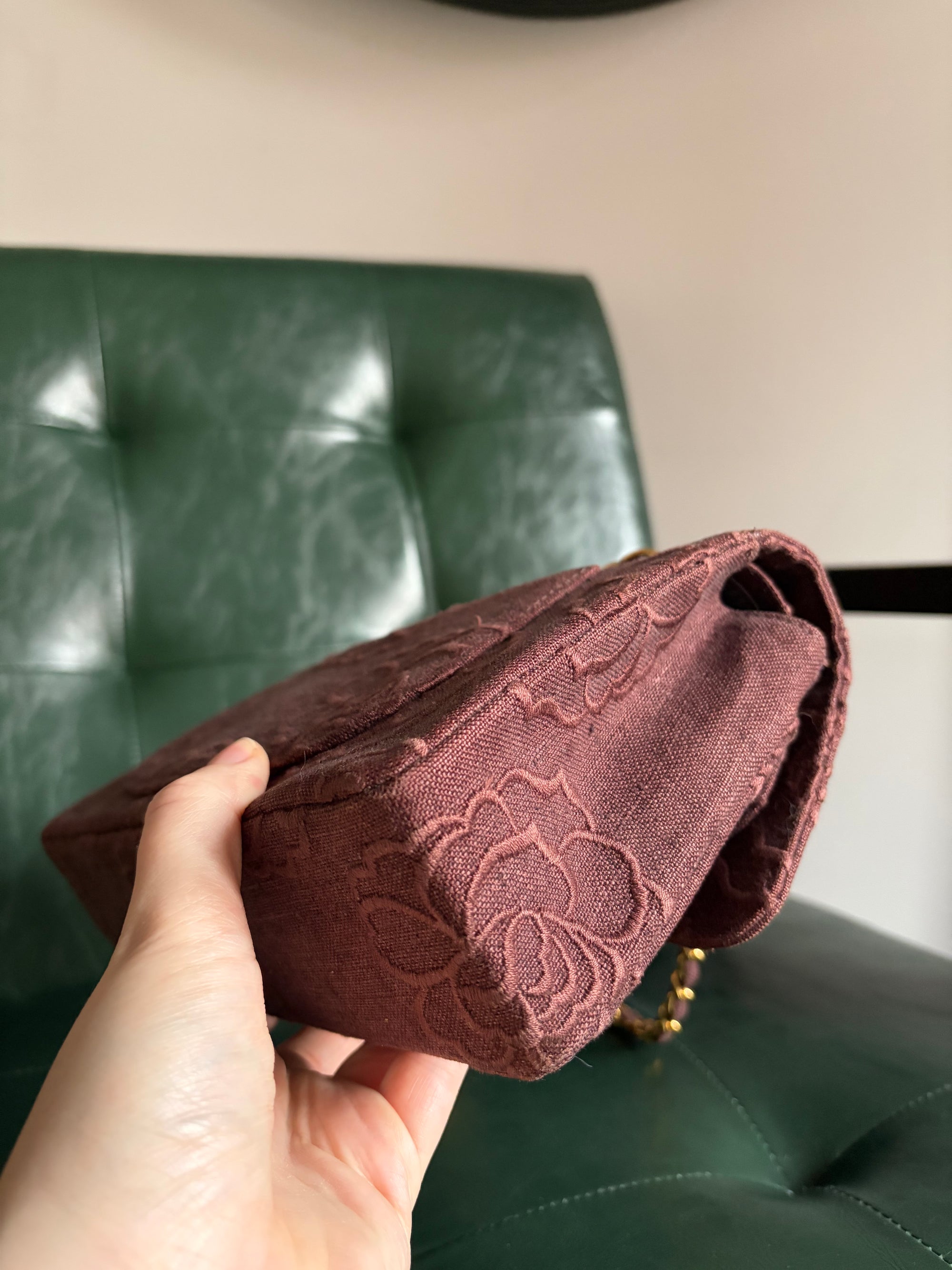 Ultra rare! Vintage Chanel Burgundy Linen Camellia Small Double Flap Bag