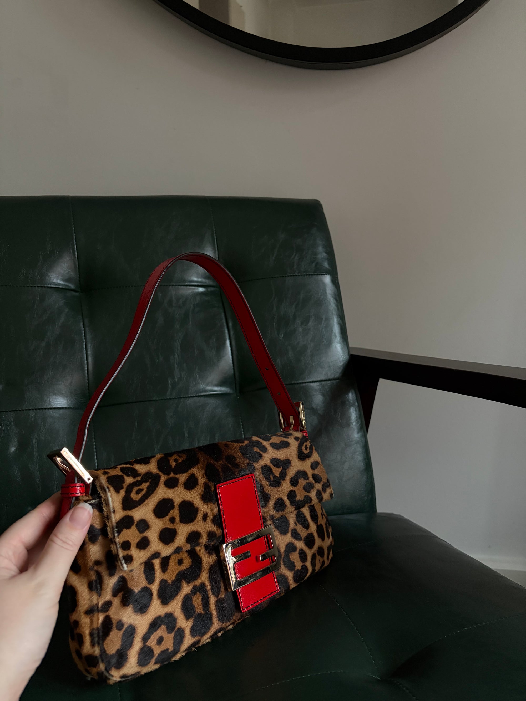 Rare! Vintage Fendi leopard print pony hair baguette bag with red leather trim