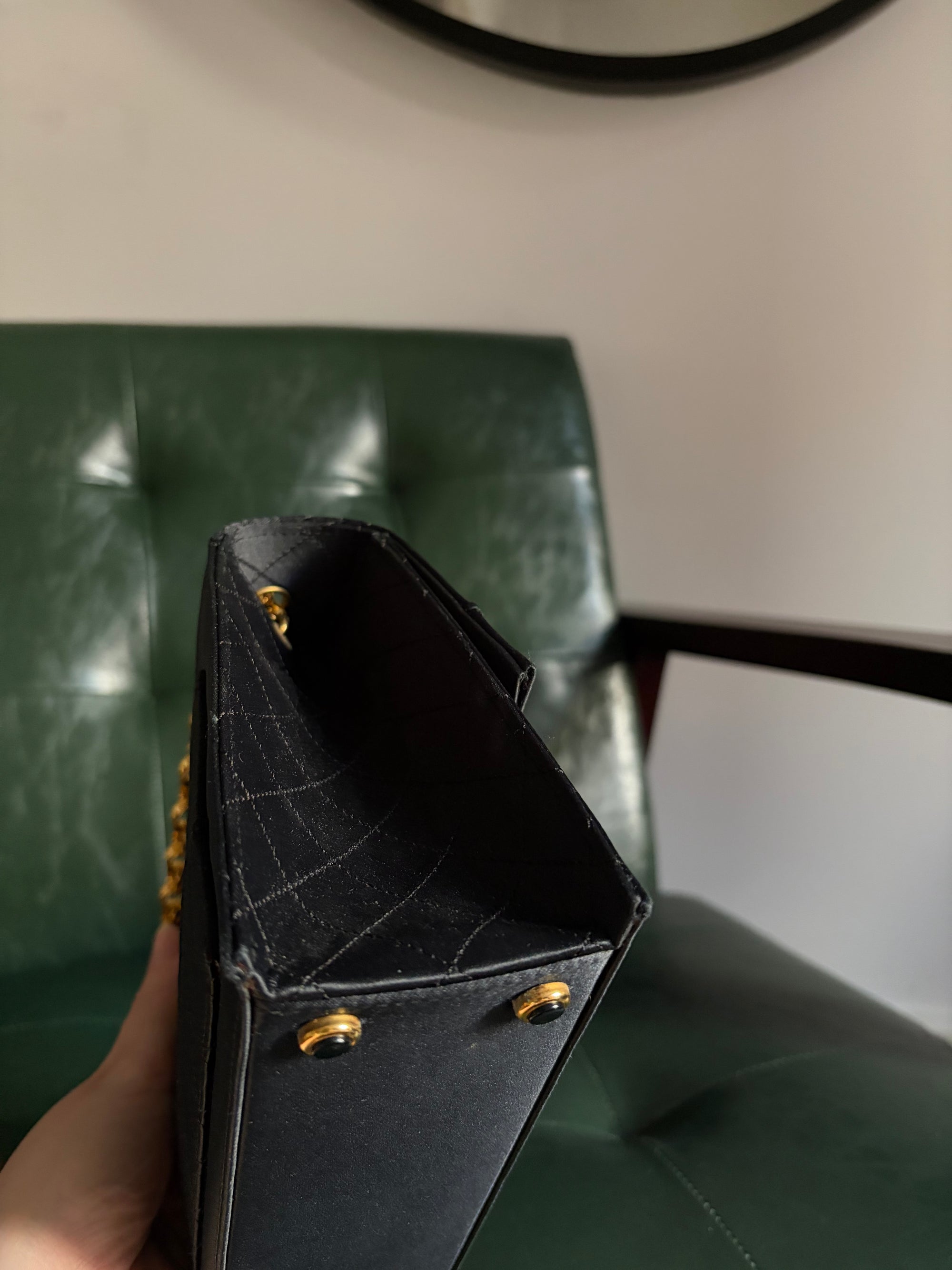 Rare! Chanel trapezoid black satin bag with 24ct gold bijoux chain