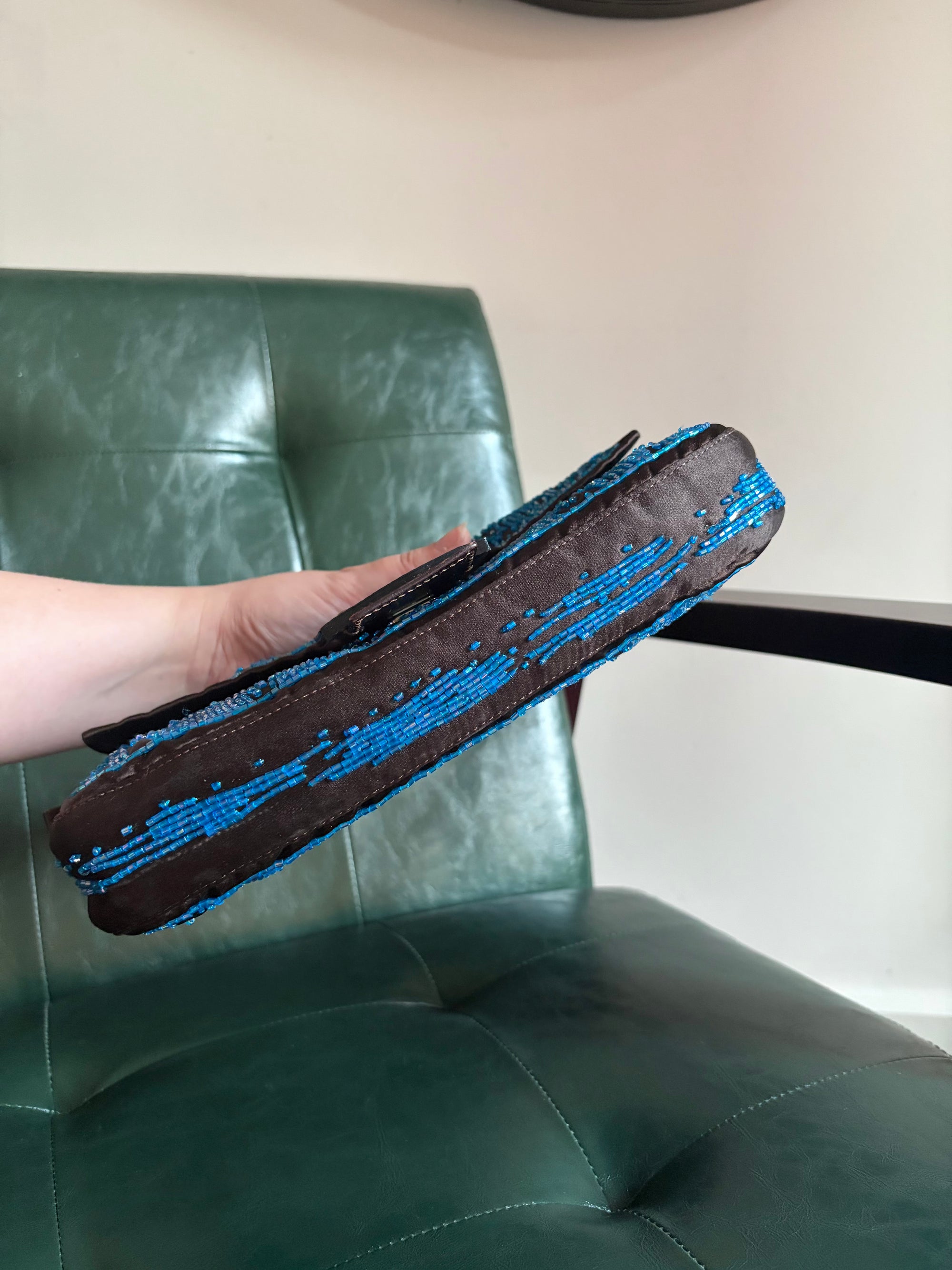 Fendi Dark Brown Satin and Blue Iridescent Beaded Baguette