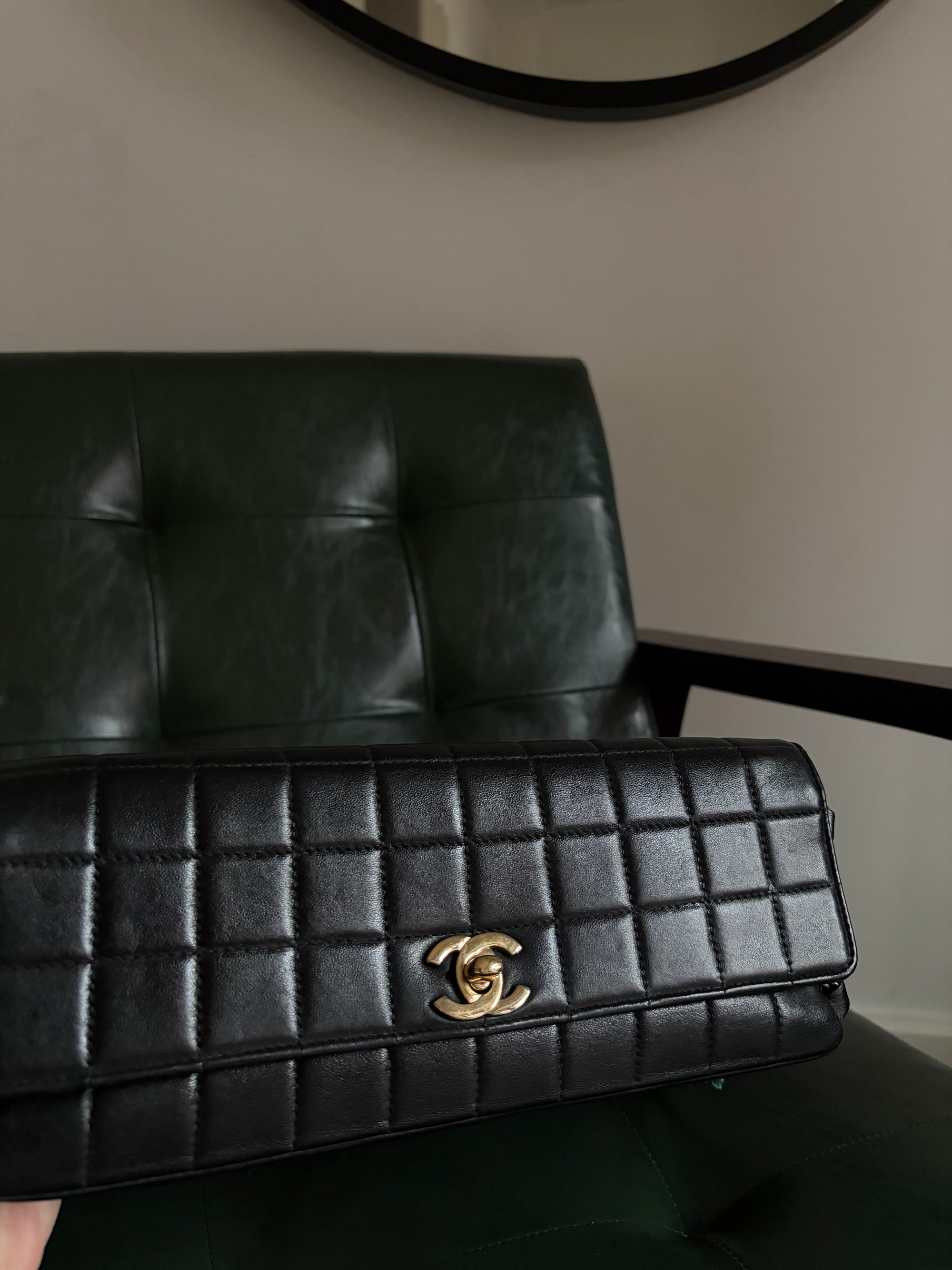 Rare! Chanel black lambskin chocolate bar east west bag with embellished chain