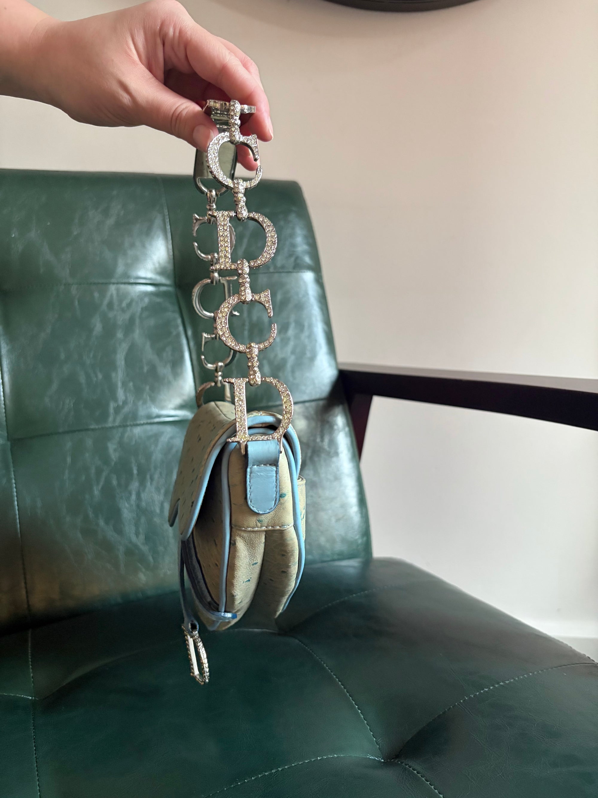 Rare! Vintage Dior blue ostrich embossed leather mini saddle bag with rhinestone strap
